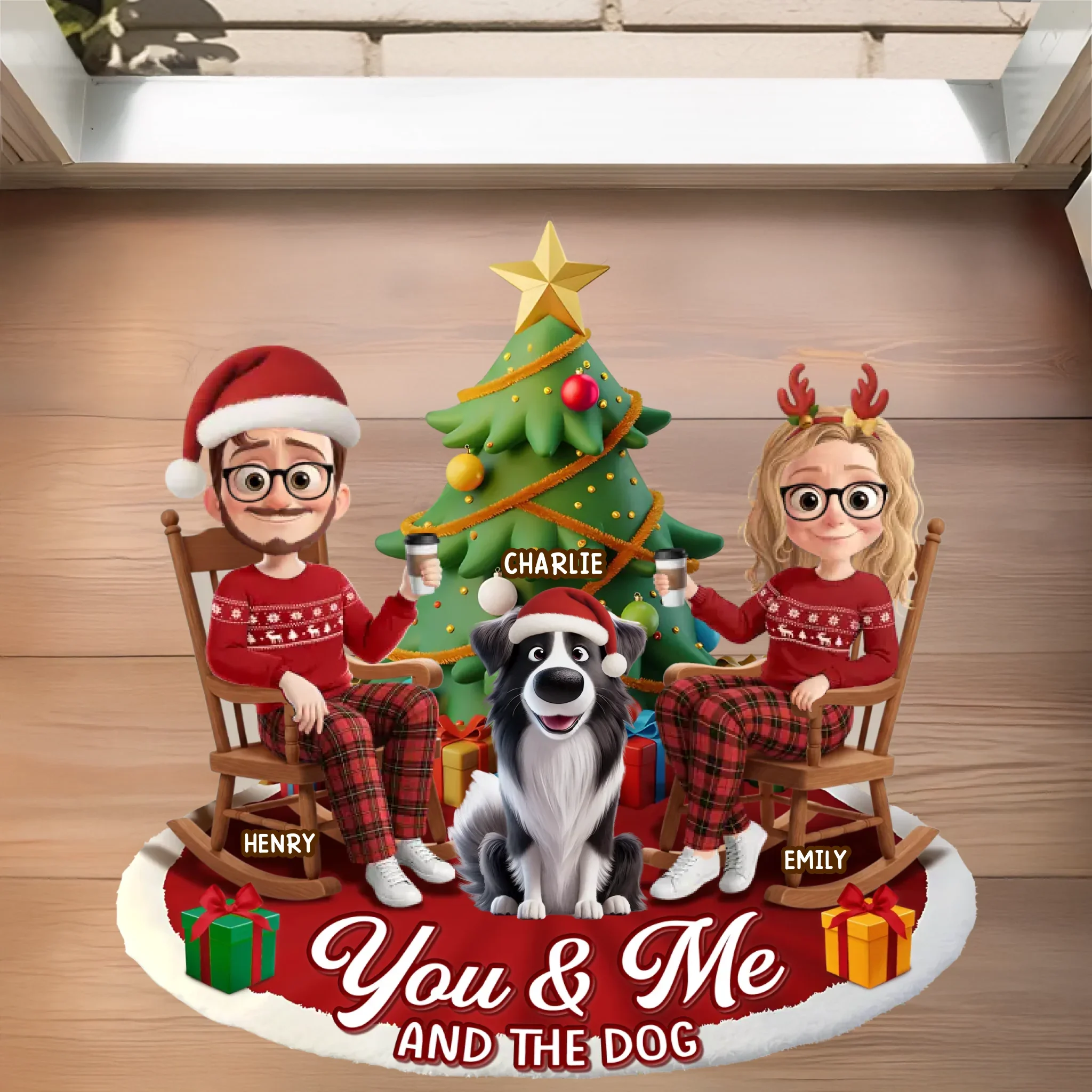 Custom Shaped Doormat - Personalized Anniversary Christmas Wedding Gifts For Husband And Wife, Dog Cat Lovers - Just Us, The Tree And The Dog - Robaser