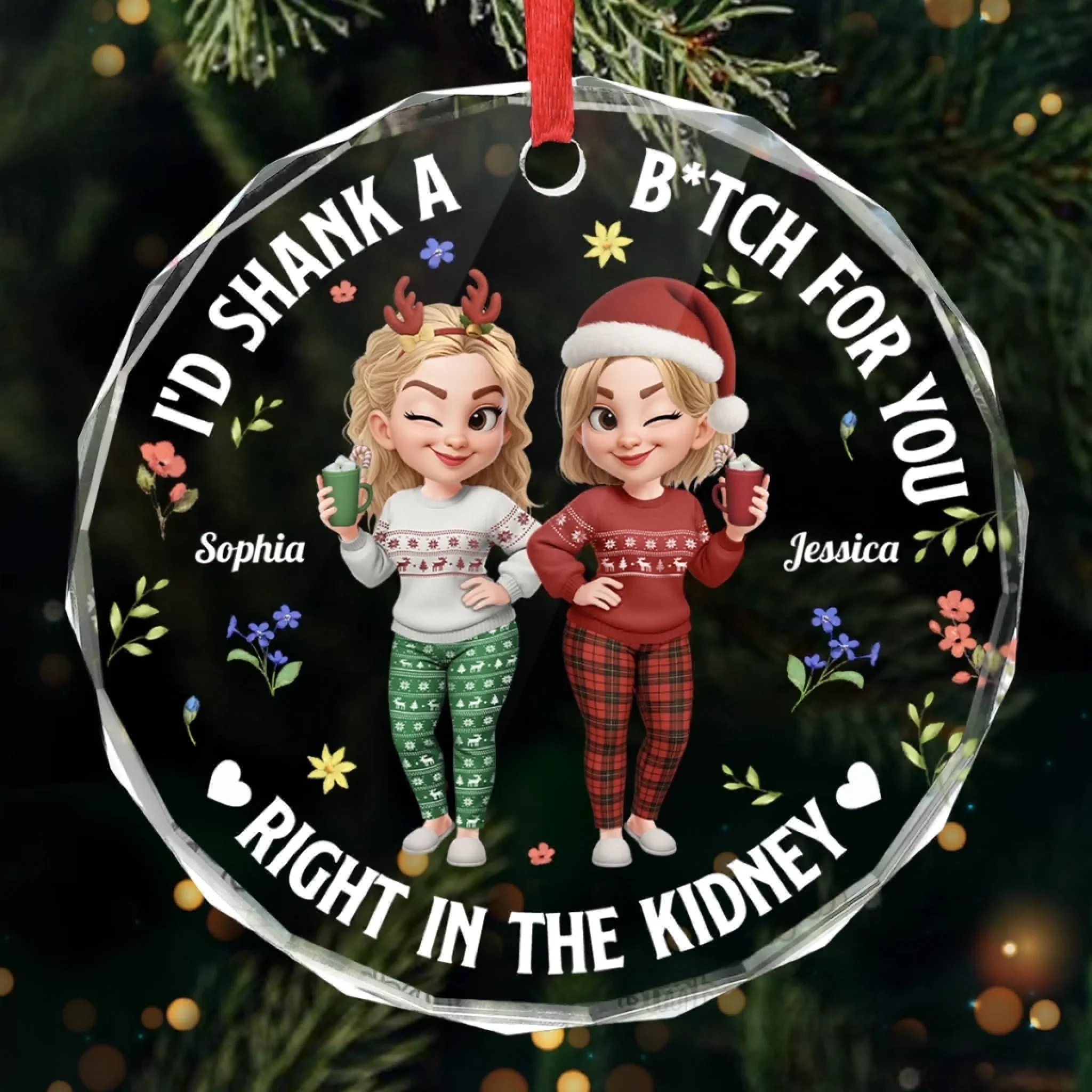 Custom Circle Glass Ornament - Personalized Christmas Best Friend Birthday Gifts For Women, Besties, Sisters, BFF - Chaos Queens Forever - Robaser