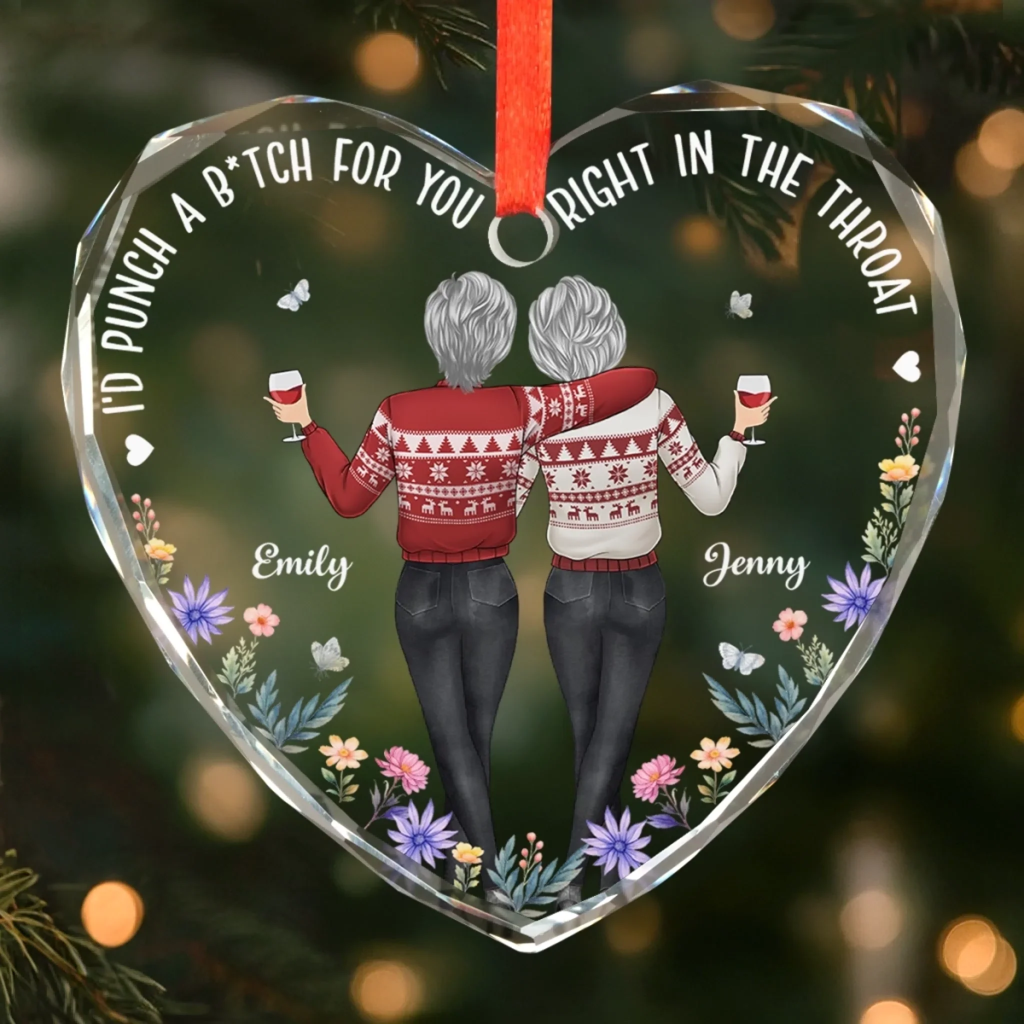 Custom Heart Glass Ornament - Personalized Christmas Best Friend Birthday Gifts For Women, Besties, Sisters, BFF - Sisters By Choice - Robaser