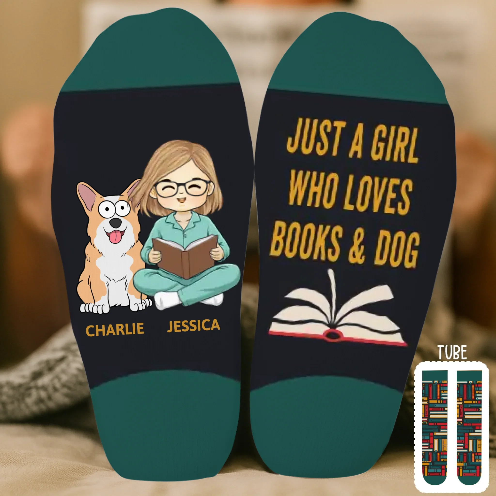 Custom Crew Socks - Personalized Bookish Gifts For Book Lovers, Bookworms, Dog Dad And Mom - Books And Dogs - Robaser