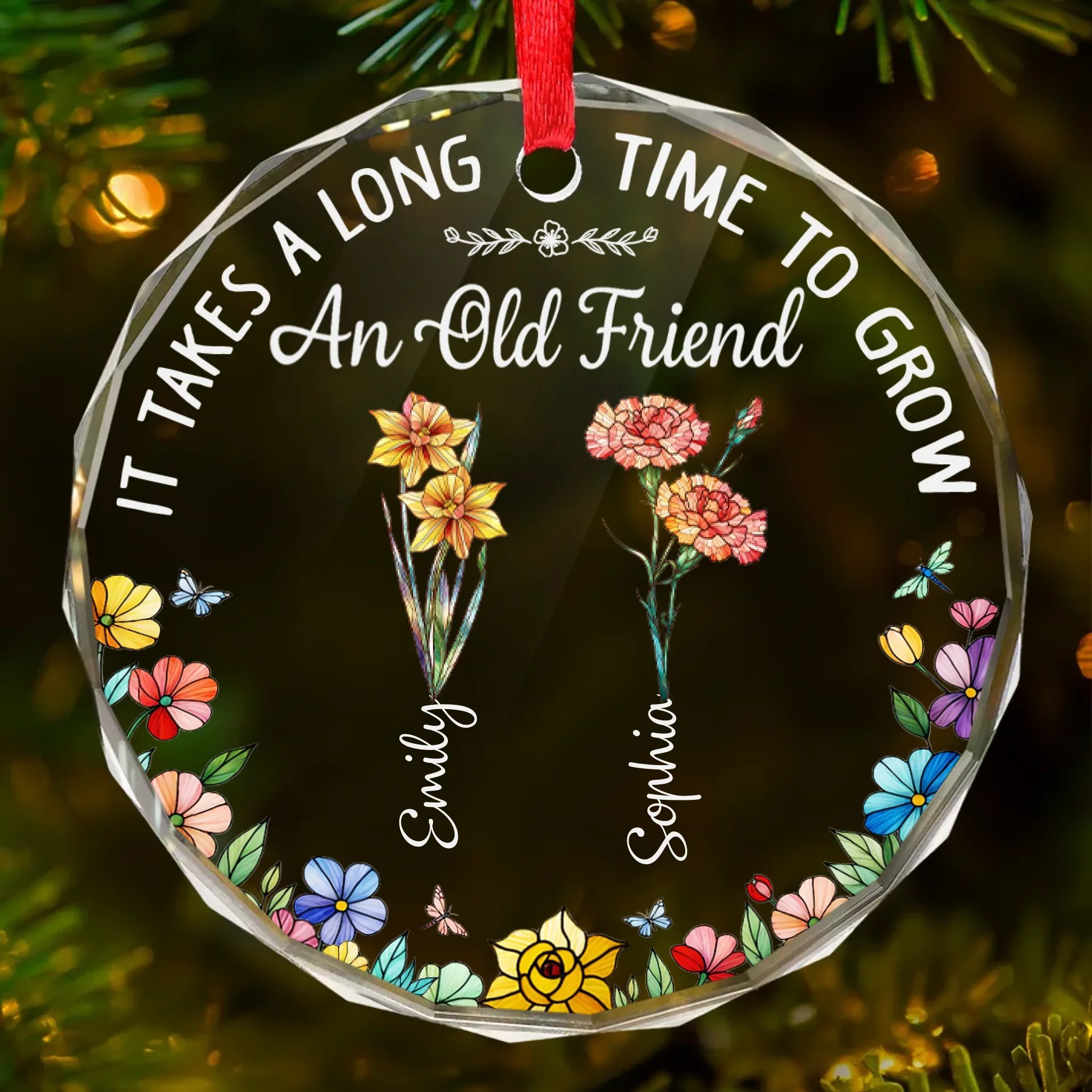 Custom Circle Glass Ornament - Personalized Christmas Best Friend Birthday Gifts For Women, Besties, Sisters, BFF - Unique Flowers One Garden Sisters - Robaser
