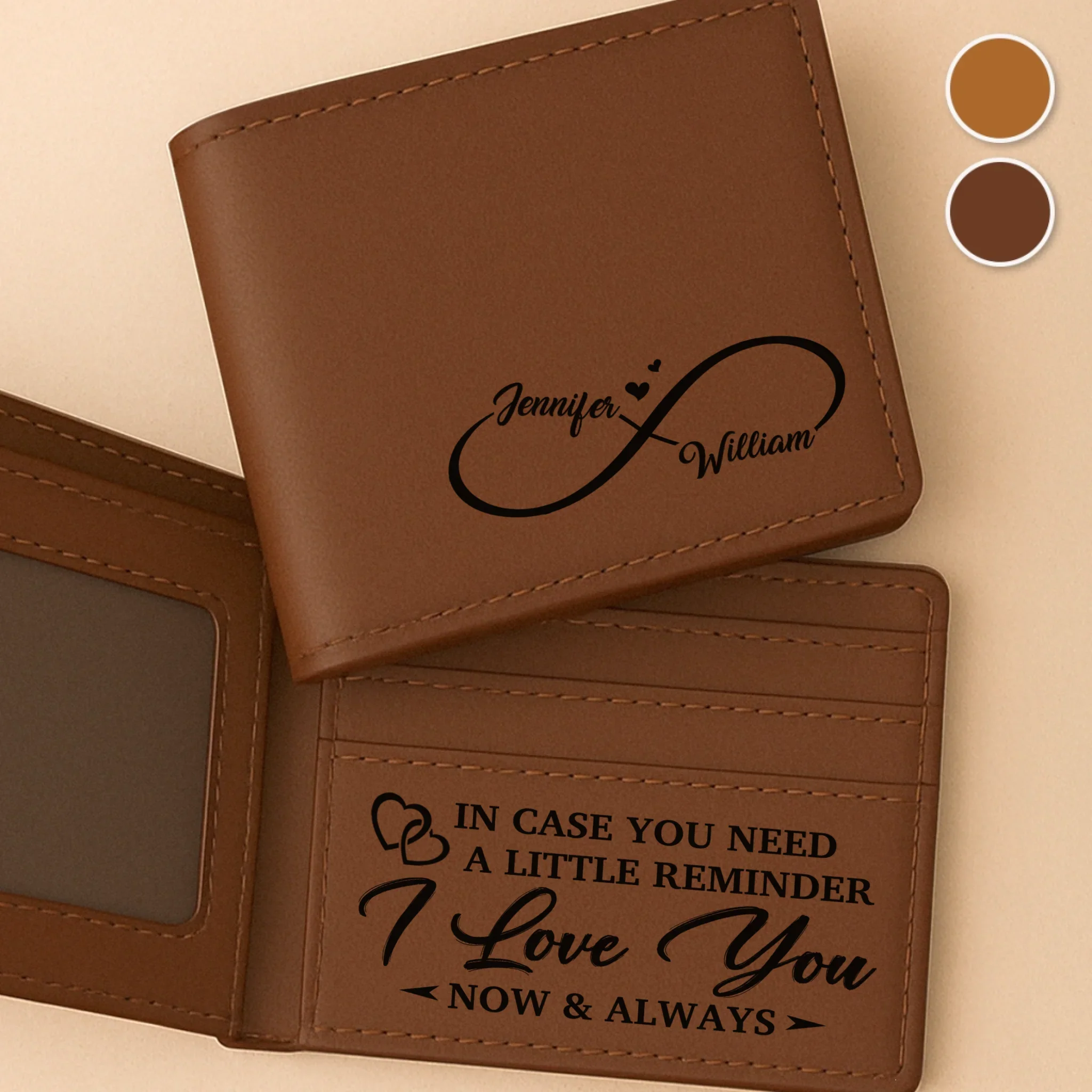 Custom Engraved Bifold Leather Wallet Two Sides - Personalized Anniversary Wedding Gifts For Husband And Wife, Him And Her - Love You Now And Always - Robaser