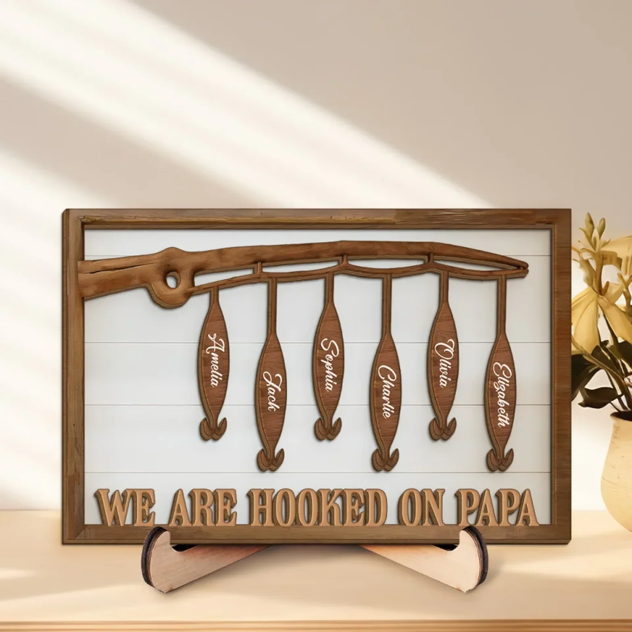 We Are Hooked On You - Family Personalized Custom 2-Layered Wooden Plaque With Stand - Father's Day, Gift For Dad, Grandpa, Sport Lovers, Sport Players - Robaser