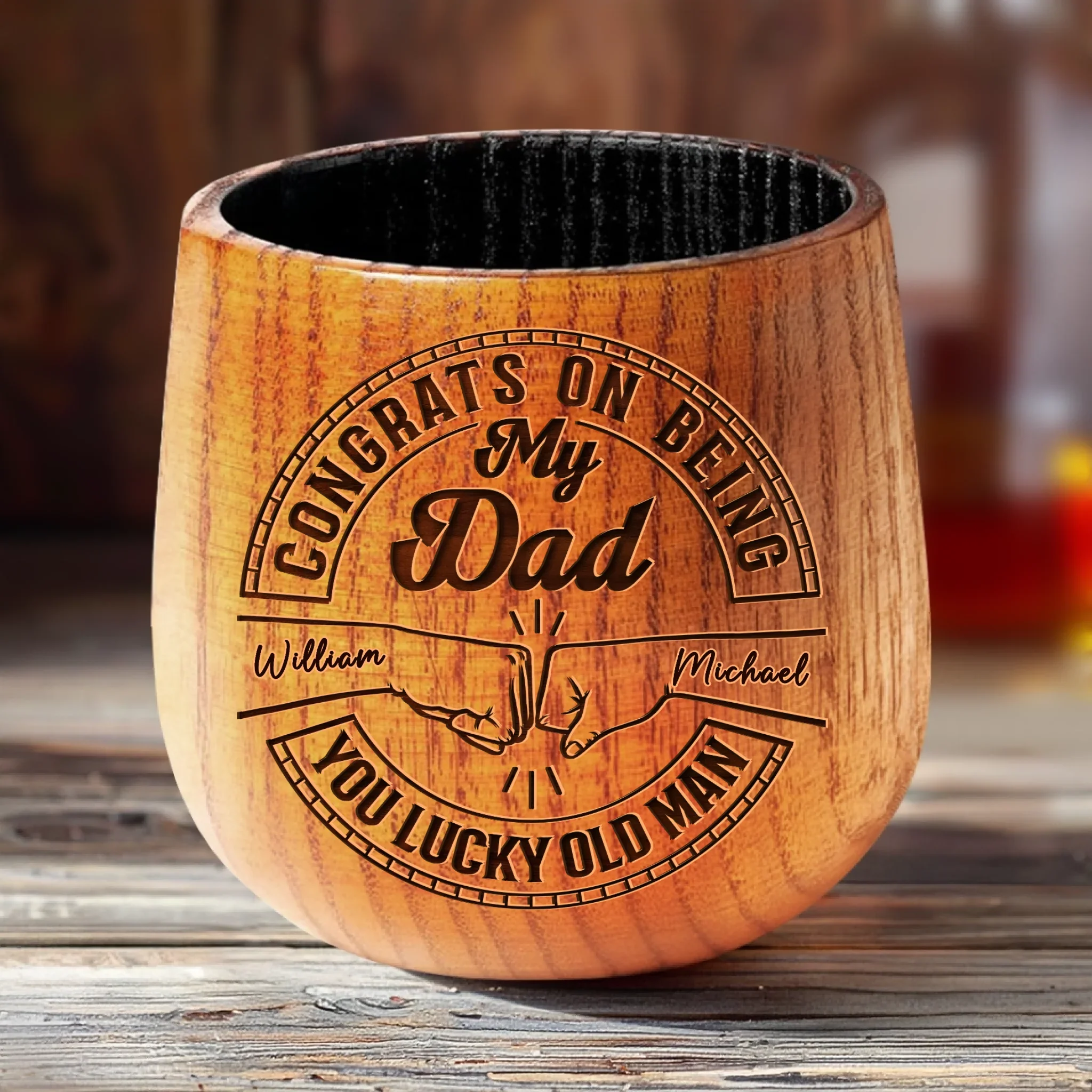 Fatherhood Looks Good On You, Old Man - Family Personalized Custom Wooden Whiskey Glass - Father's Day, Gift For Dad, Grandpa - Robaser