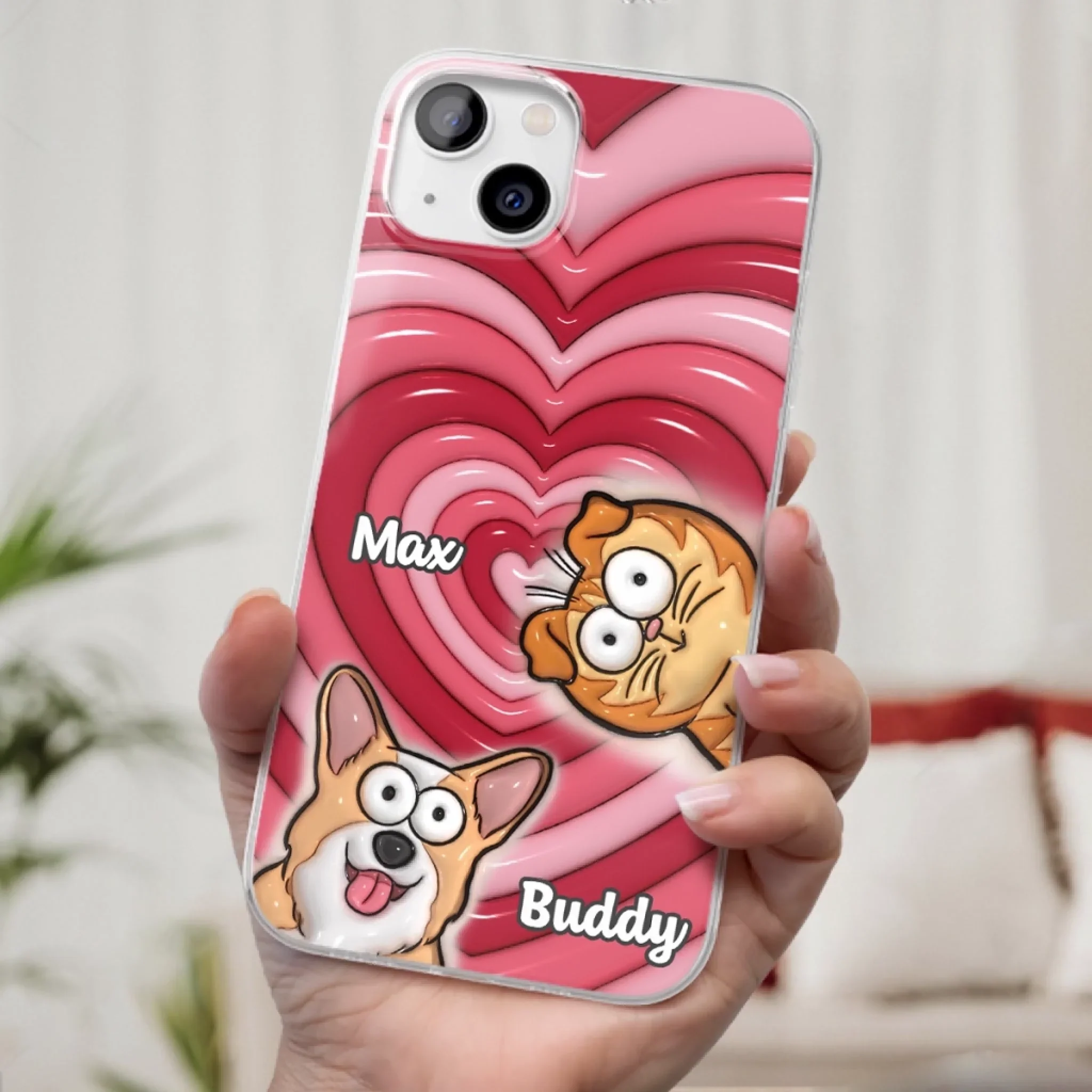 Custom 3D Inflated Effect Printed Clear Phone Case - Personalized Birthday Gifts For Dog Cat Lovers, Dog Dad And Mom, Cat Owners - Cute Pets, Happy Hearts - Robaser