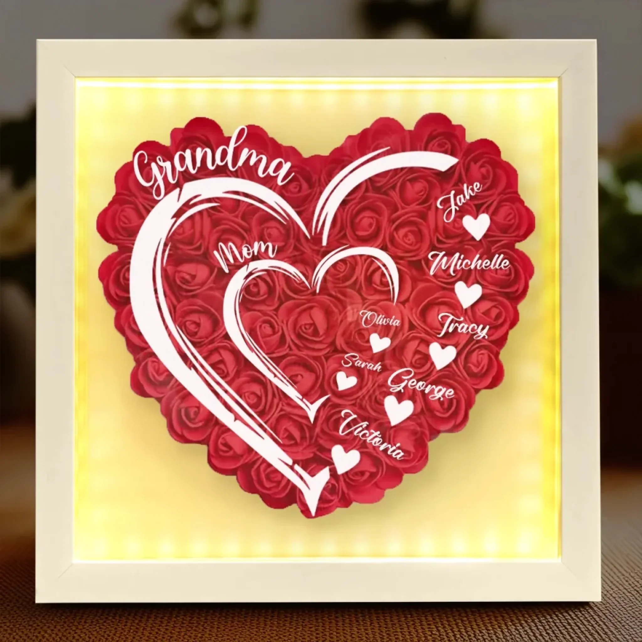 Love In Full Bloom - Family Personalized Custom Flower Shadow Box with LED - Mother's Day, Gift For Mom, Grandma - Robaser
