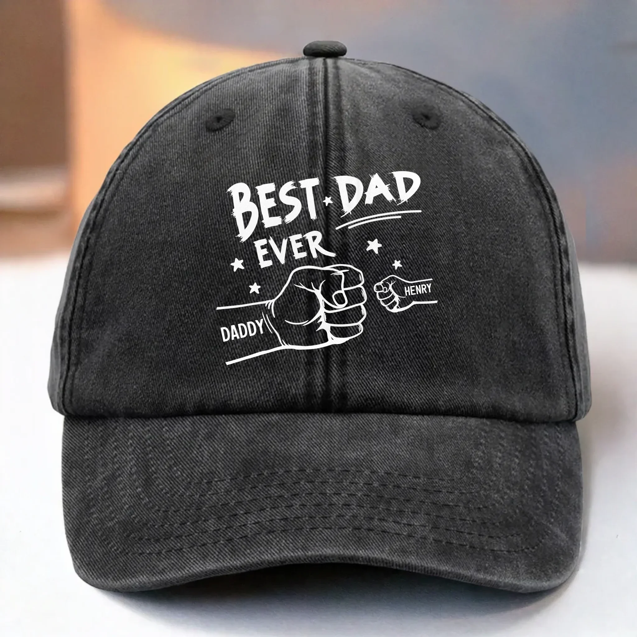 Hands Down, World's Best Dad - Family Personalized Custom Vintage Washed Denim Baseball Cap - Father's Day, Gift For Dad, Grandpa, Family Members - Robaser