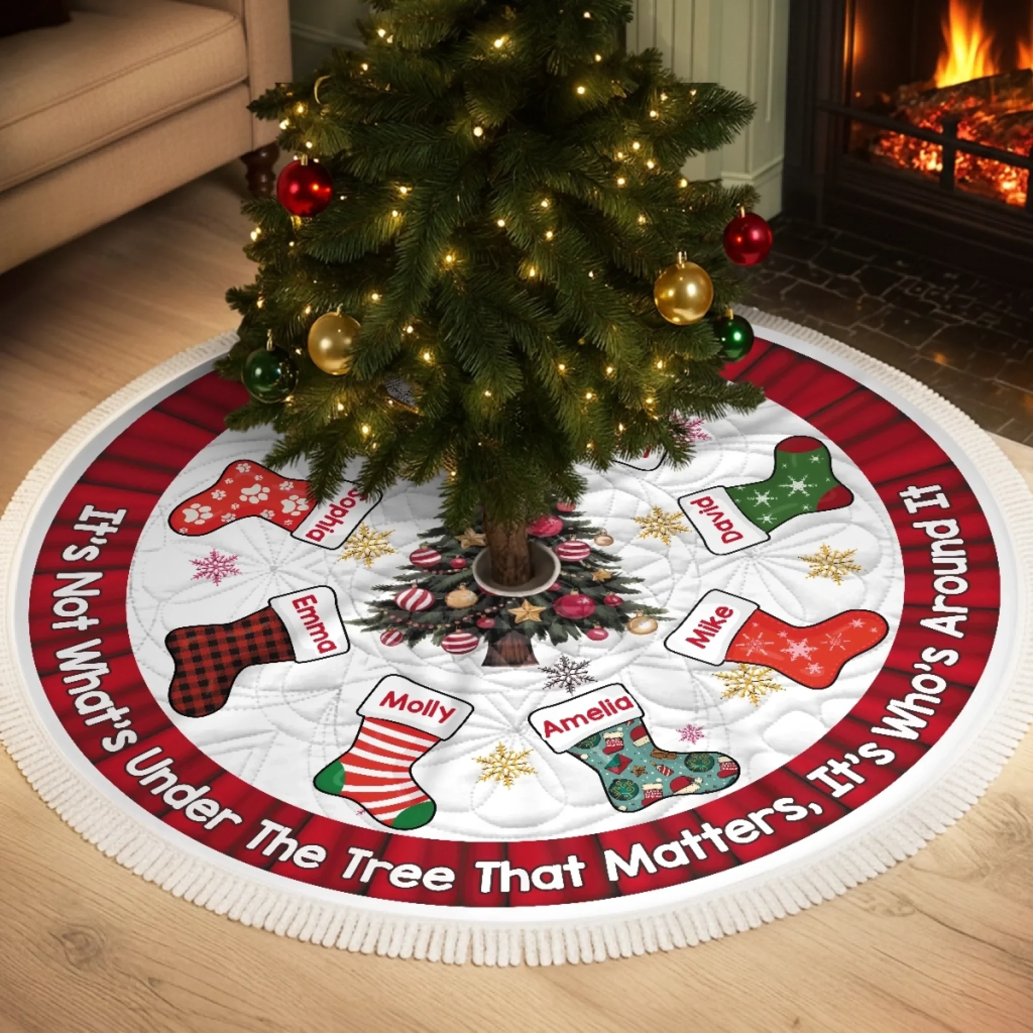 Custom Tree Skirt - Personalized Christmas Birthday Gifts For Mom, Dad, Brother, Sister, Kids - Hearts Together Make Noel Warm - Robaser