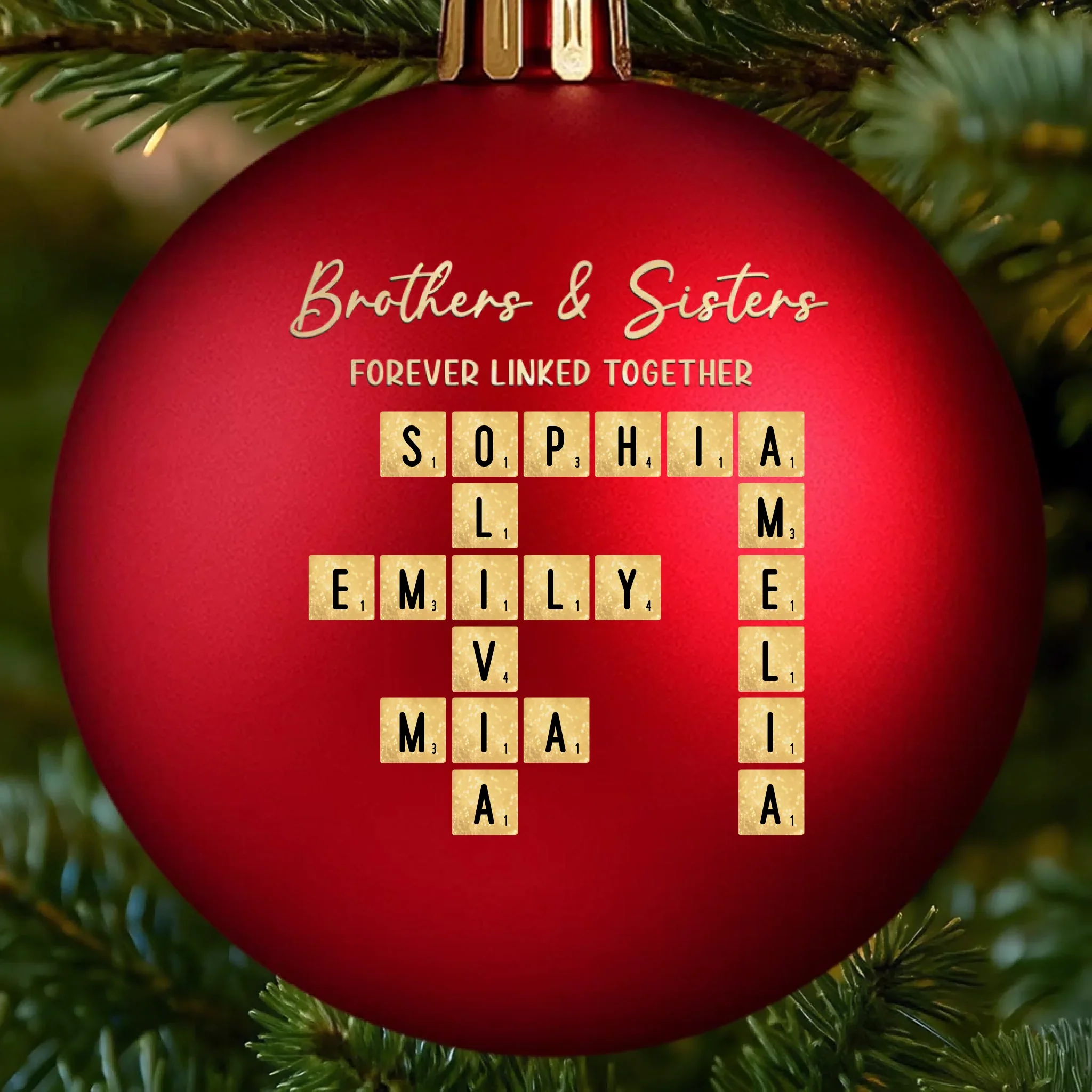 Custom Scrabble Colored Ball Ornament - Personalized Christmas Birthday Gifts For Brother, Sister - Spelling Out Our Joy - Robaser