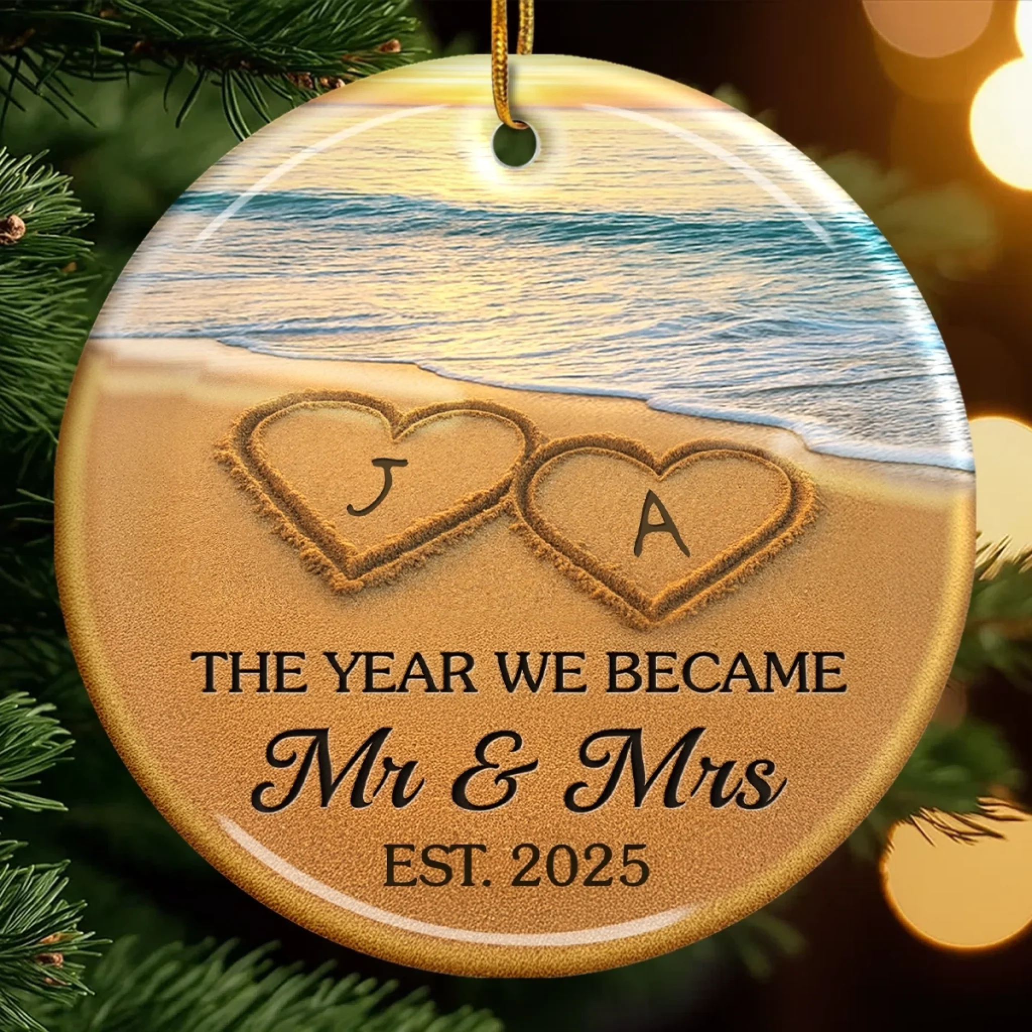 Custom Ceramic Ornament - Personalized Anniversary Christmas Wedding Gifts For Husband And Wife, Him And Her - Our Happily Ever After, Set In Sand - Robaser