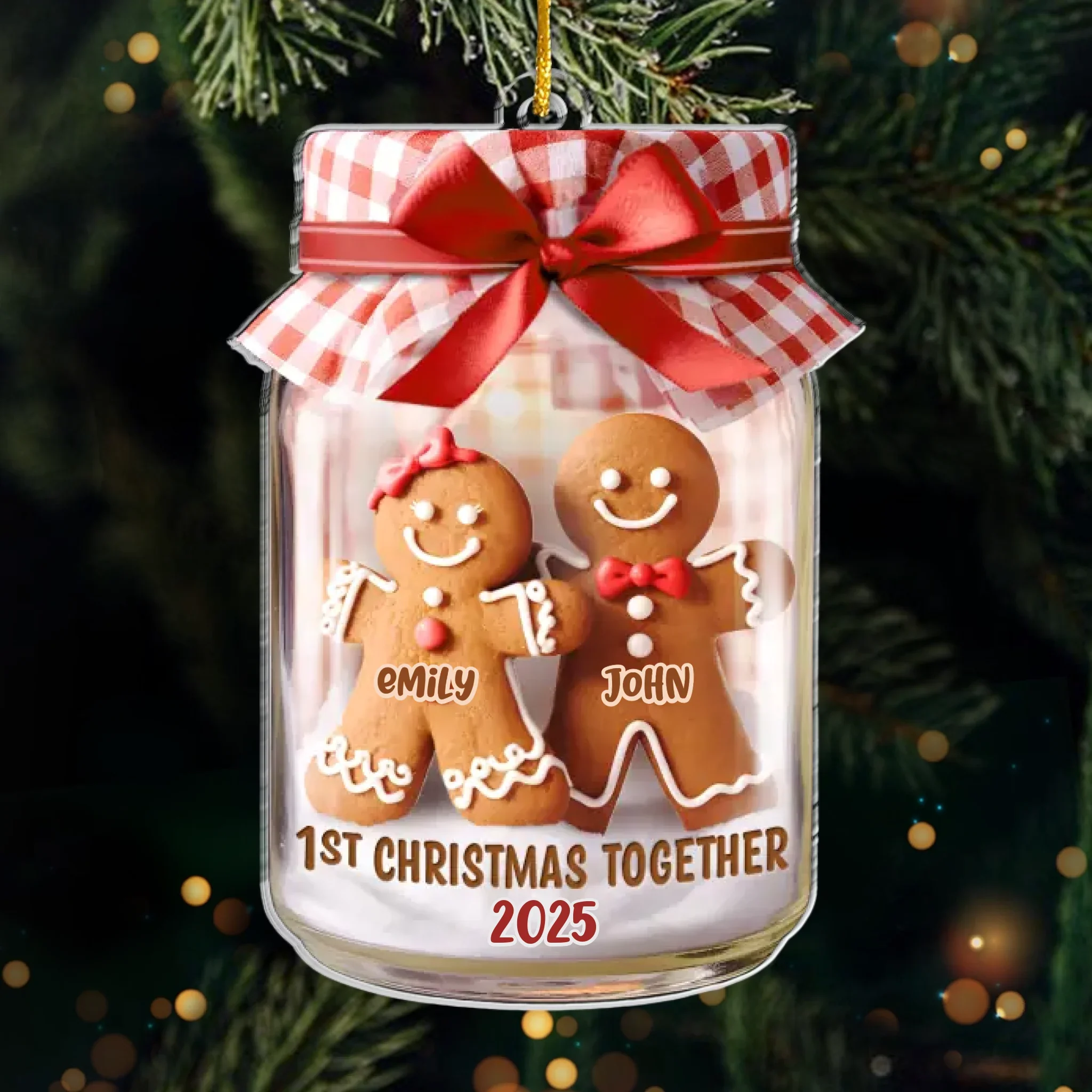 Custom First Christmas Acrylic Ornament - Personalized Anniversary Christmas Wedding Gifts For Husband And Wife, Him And Her - Gingerbread Hearts Together - Robaser