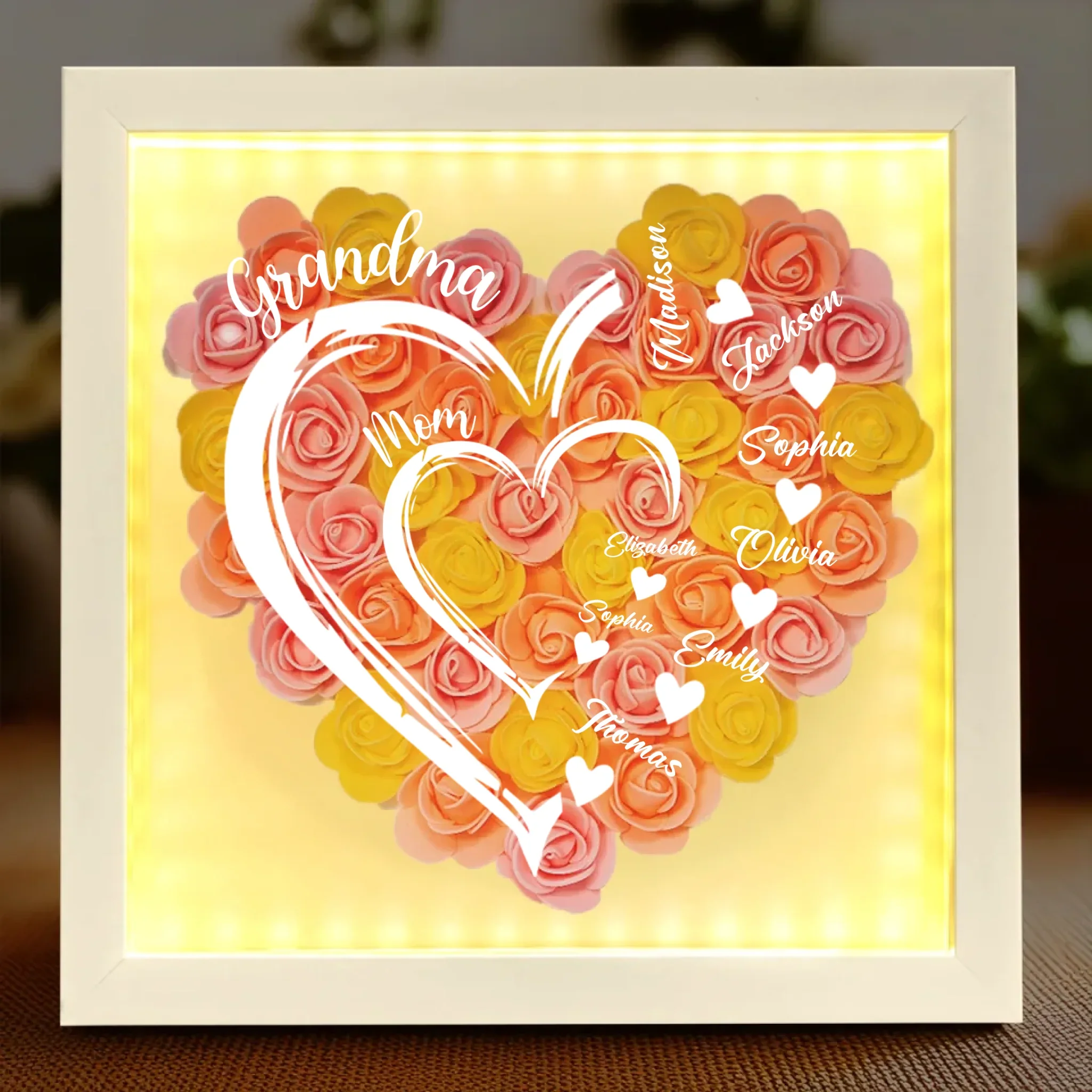 Love In Full Bloom - Family Personalized Custom Flower Shadow Box with LED - Mother's Day, Gift For Mom, Grandma - Robaser