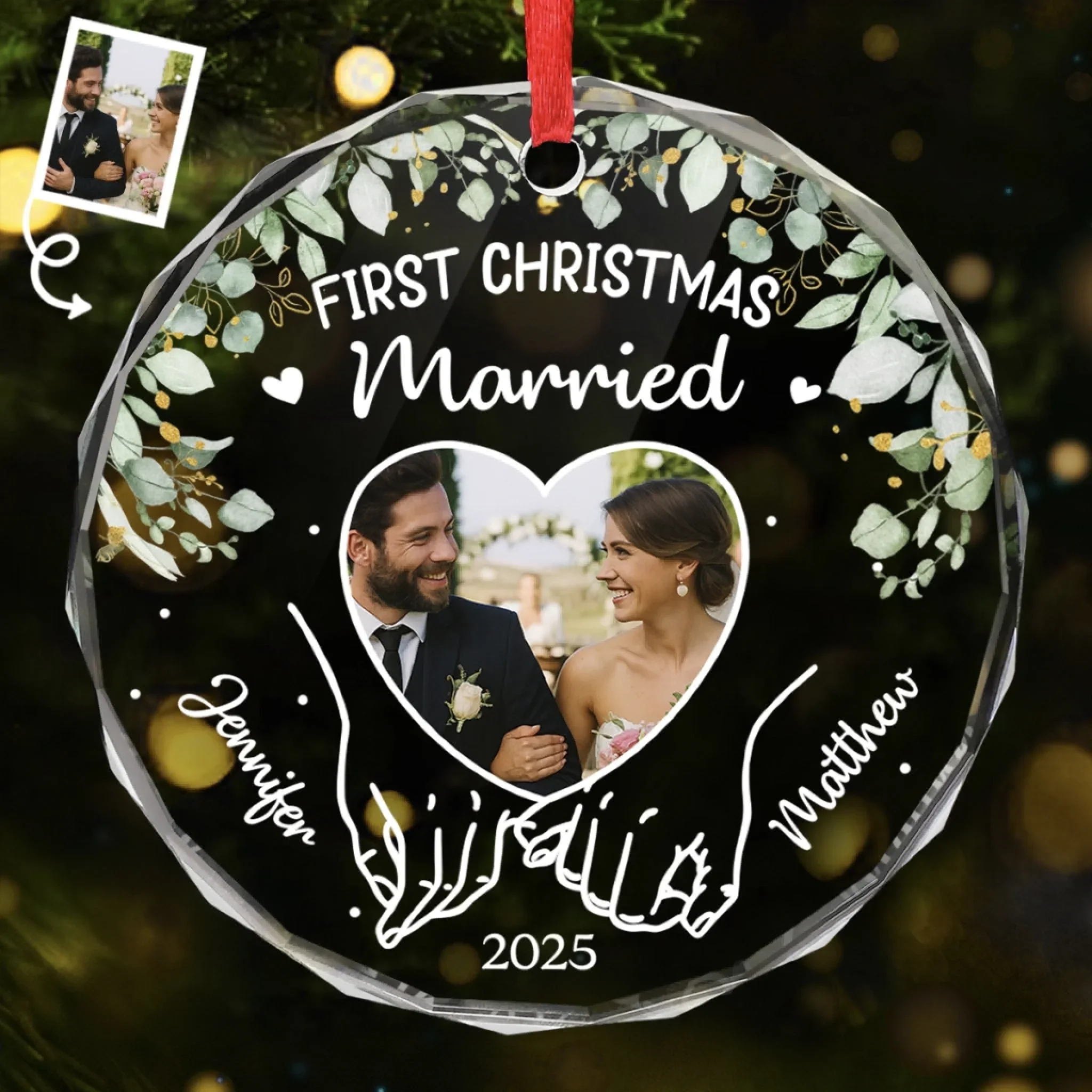 Custom Photo Circle Glass Ornament - Personalized Anniversary Christmas Wedding Gifts For Husband And Wife, Him And Her - Wrapped In Love, Tied With Joy - Robaser