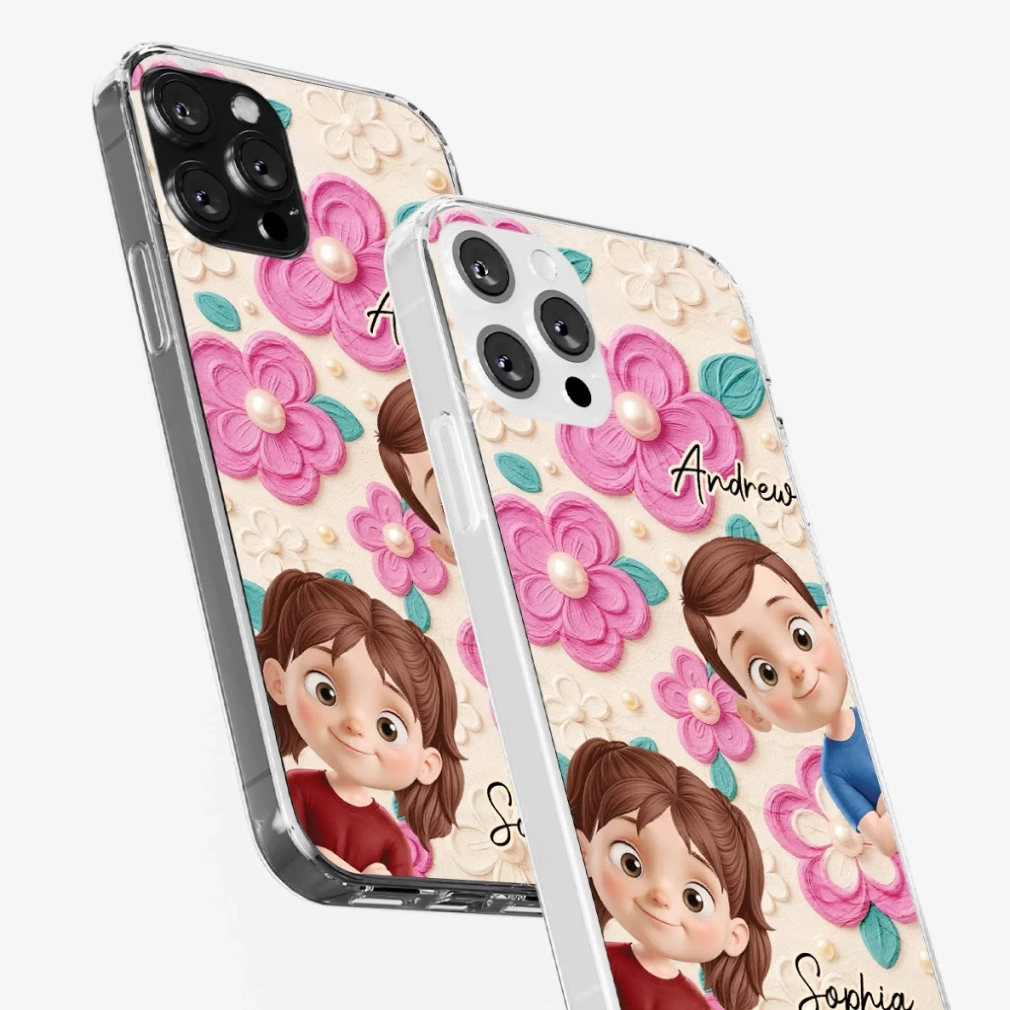 Custom 3D Inflated Effect Printed Clear Phone Case - Personalized Birthday Gifts For Mom, Grandma - Blossoms And Precious Little Faces - Robaser