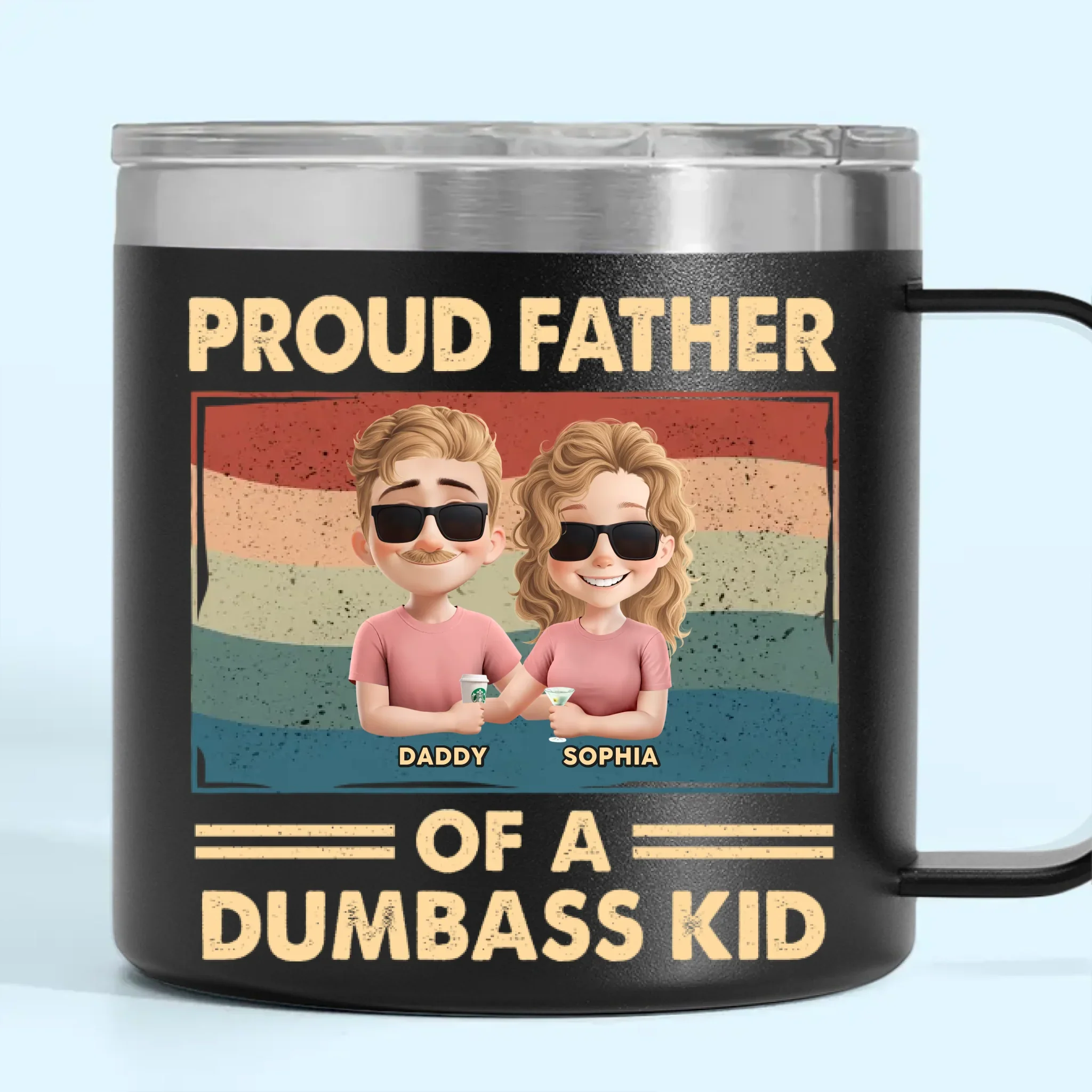 Proud Father Of A Few Dumbass Kids - Family Personalized Custom 14oz Stainless Steel Tumbler With Handle - Father's Day, Gift For Dad, Grandpa - Robaser