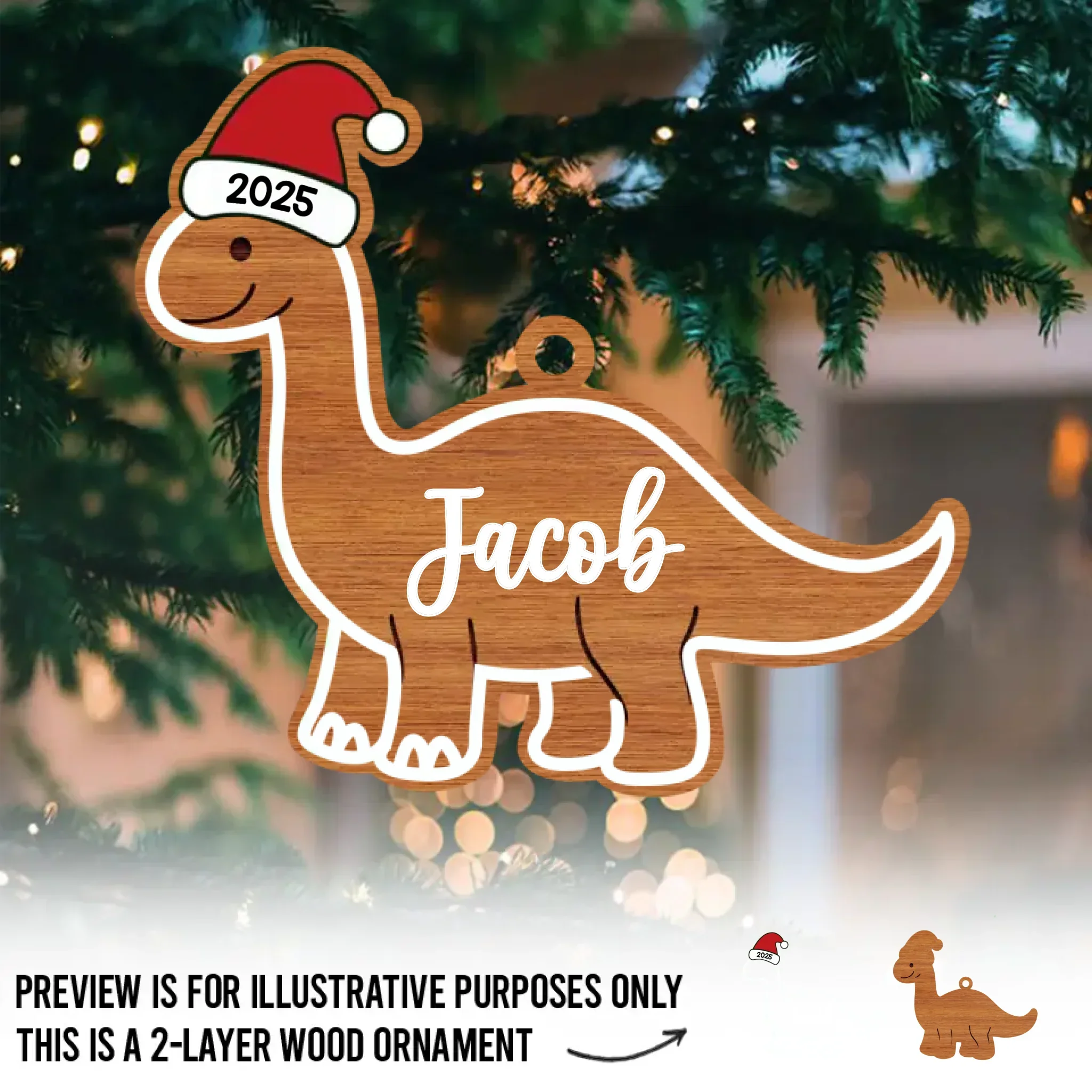 Custom Dinosaur Double Layer Wooden Ornament - Personalized Christmas Birthday Gifts For Mom, Dad, Brother, Sister, Kids - Dino Spreading Christmas Cheer - Robaser
