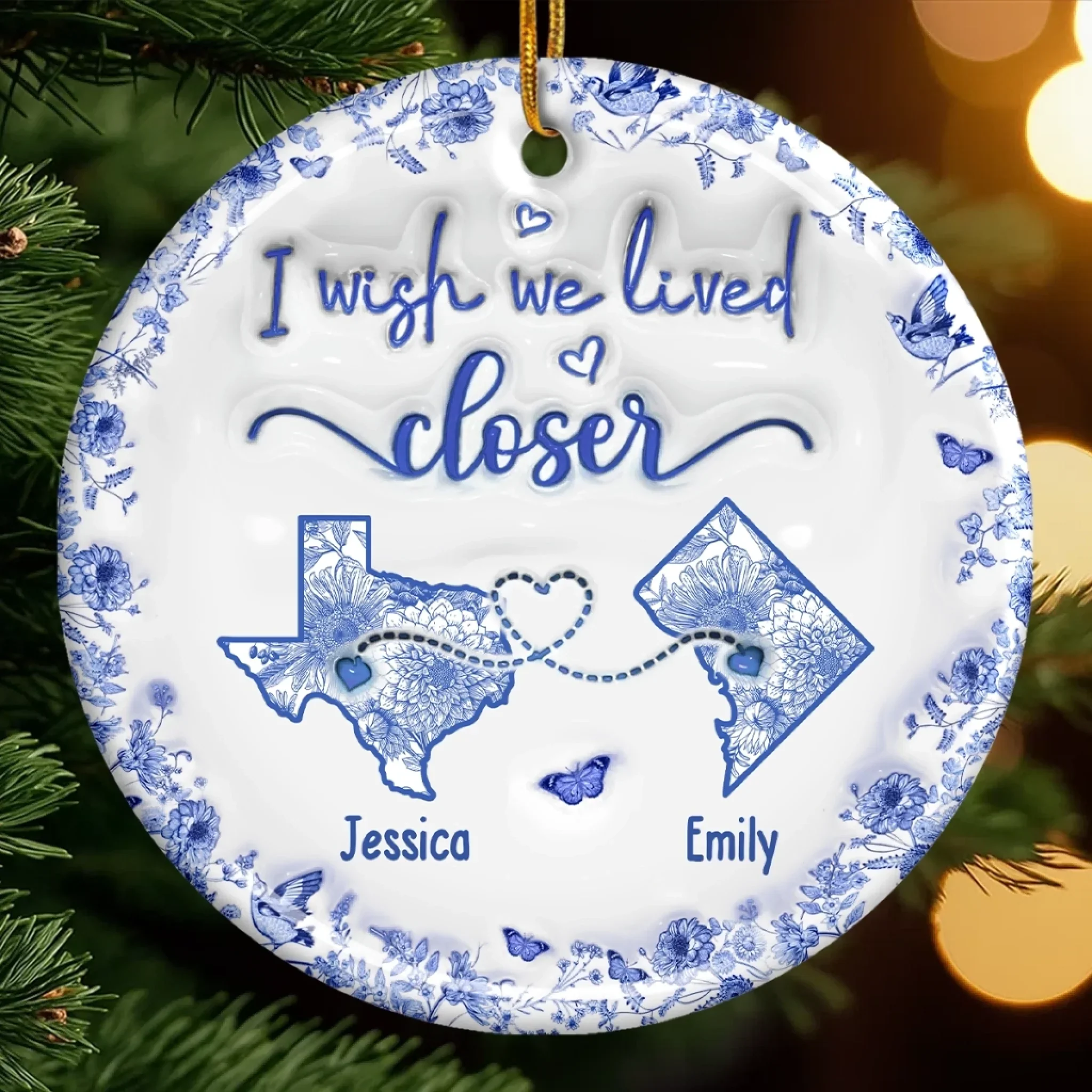 Custom Long Distance Ceramic Ornament - Personalized Best Friend Christmas Birthday Gifts For Women, Besties, Sisters, BFF - Connected By Heart No Matter The Miles - Robaser