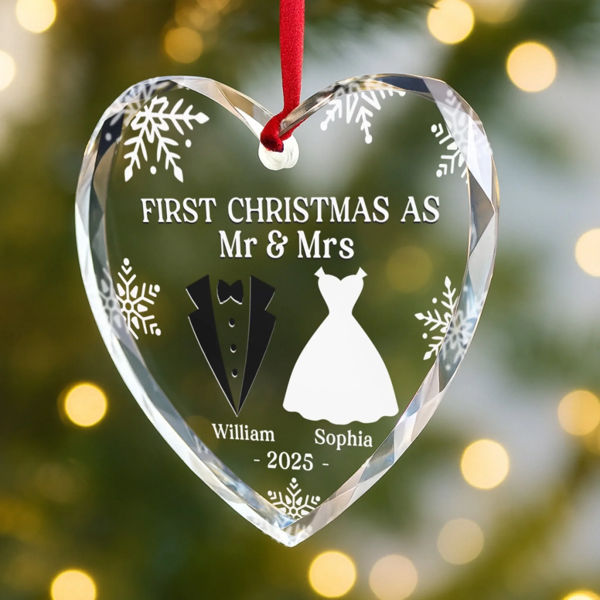 Custom Heart, Round Glass Ornament - Personalized Anniversary Christmas Wedding Gifts For Husband And Wife, Him And Her - Our First Christmas As Mr & Mrs - Robaser