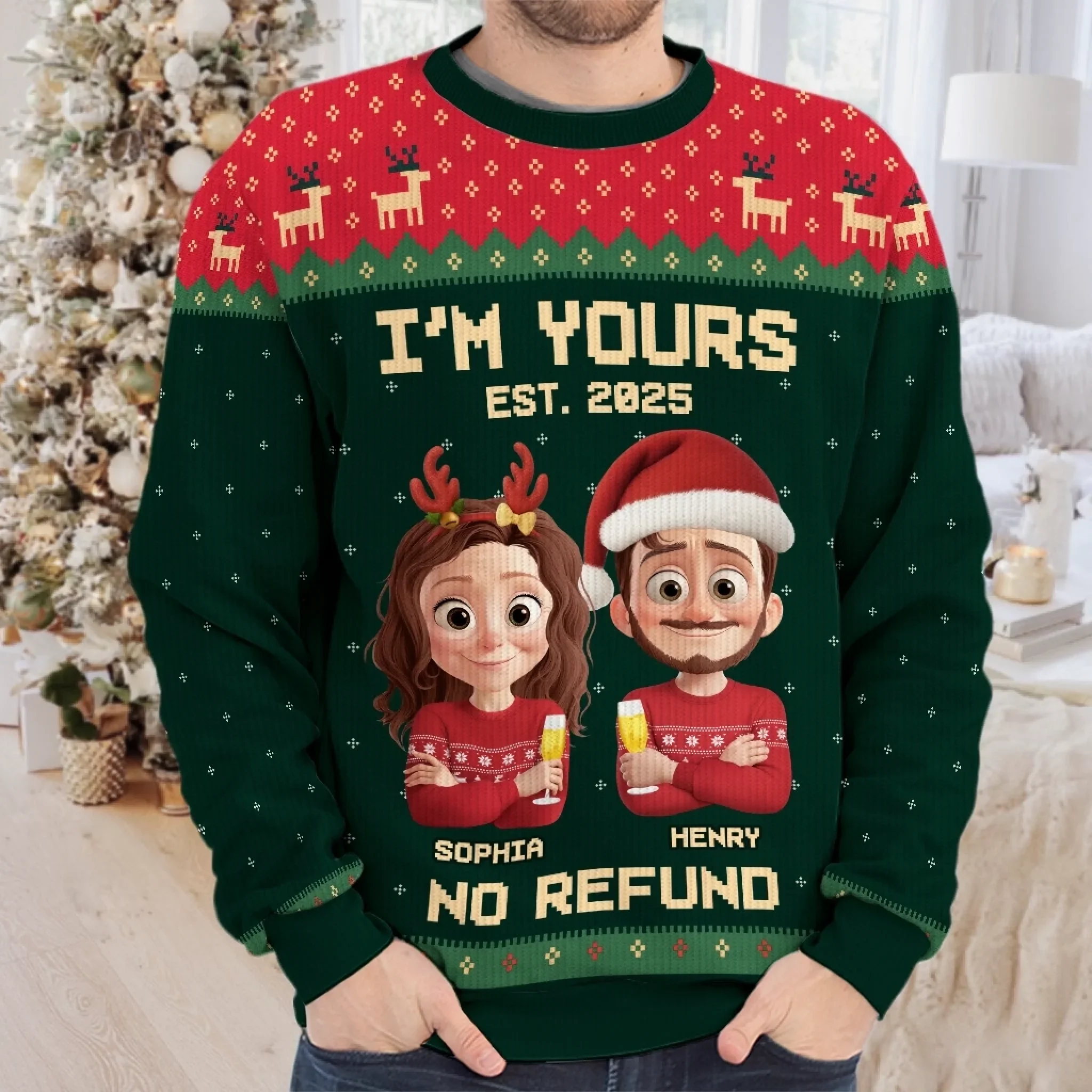 Custom Unisex Ugly Sweatshirt - Personalized Anniversary Christmas Wedding Gifts For Husband And Wife, Him And Her - Forever Festive, Forever Us - Robaser