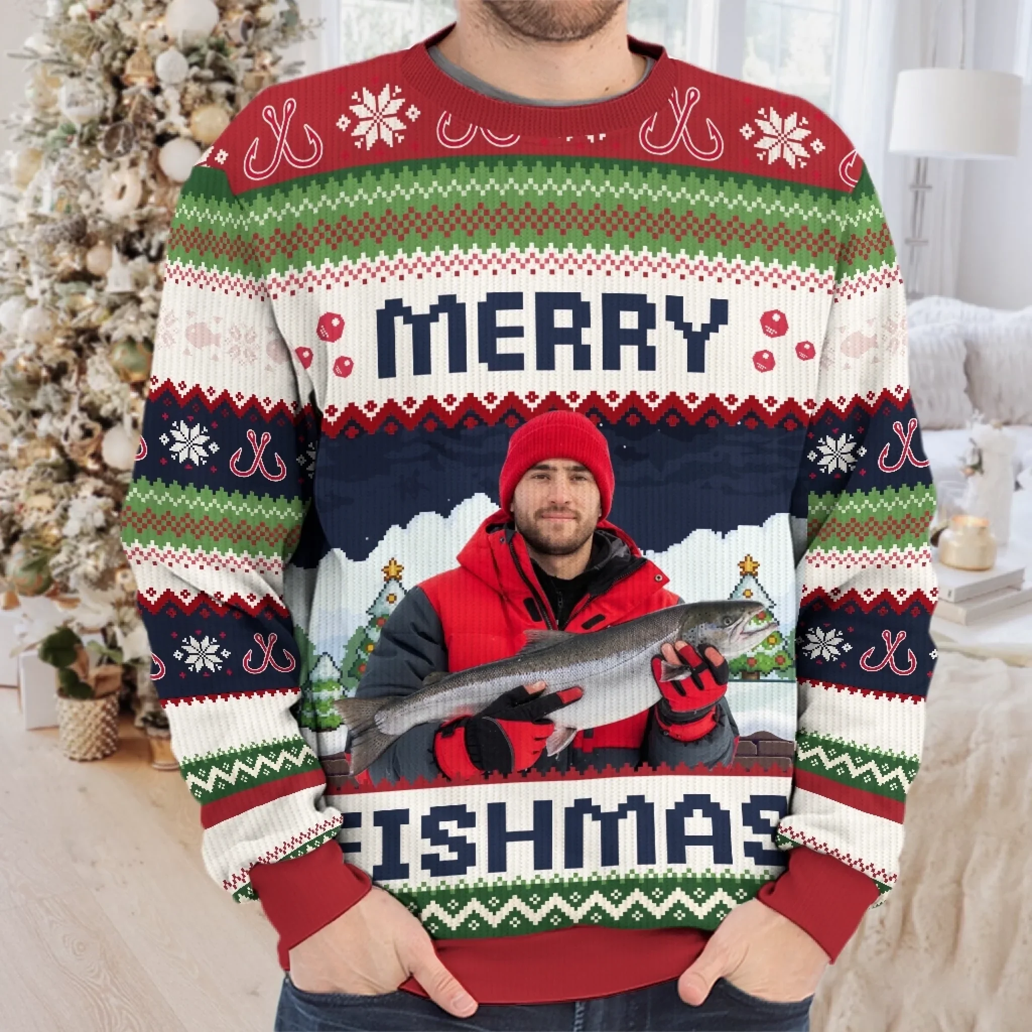 Custom Photo Unisex Ugly Sweatshirt - Personalized  Christmas Birthday Fishing Gifts For Fisherman - This Fishmas, I  m The Real Catch - Robaser