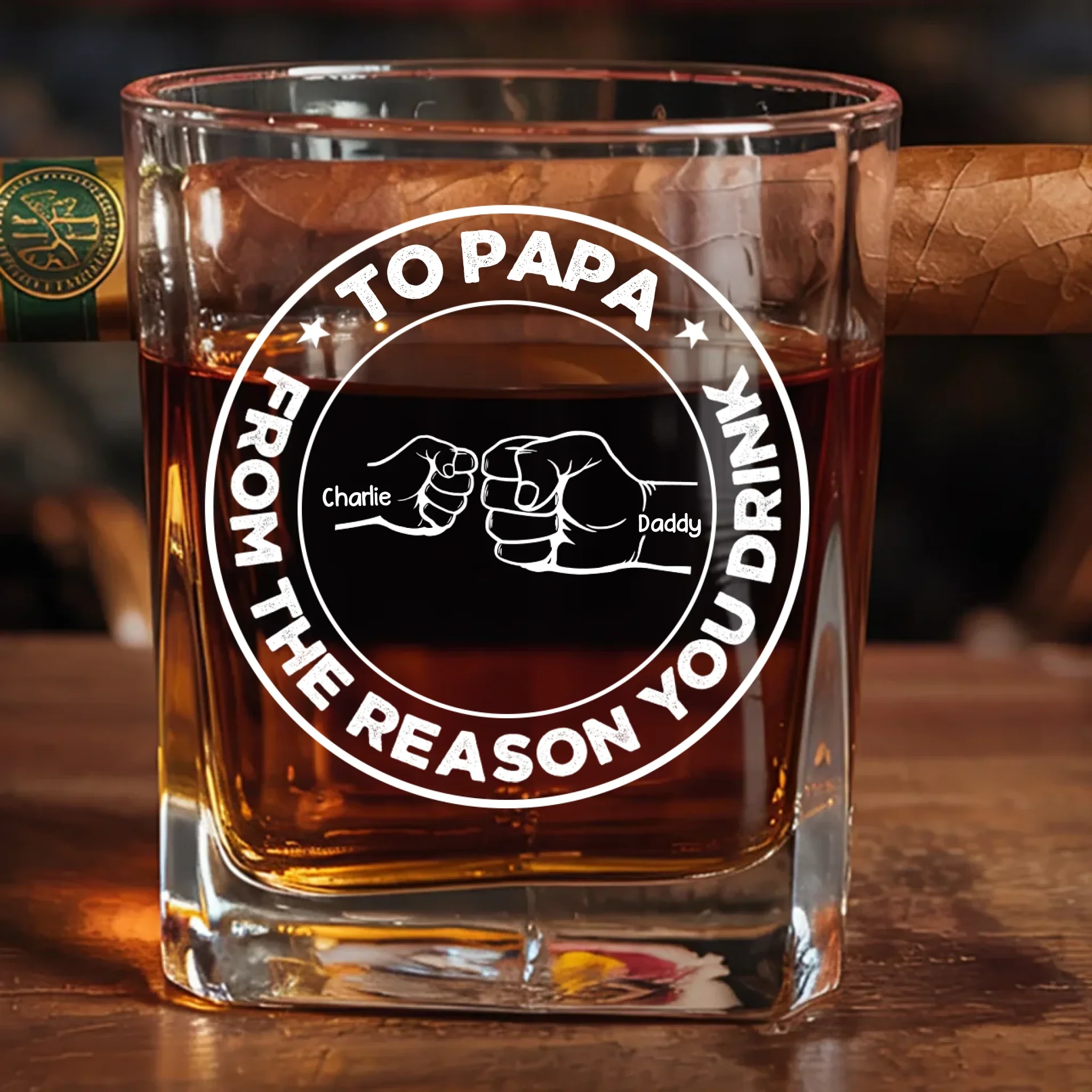 To Dad, From The Reasons You Drink - Family Personalized Custom Whiskey Glass With Cigarette Holder - Father's Day, Gift For Dad, Grandpa - Robaser
