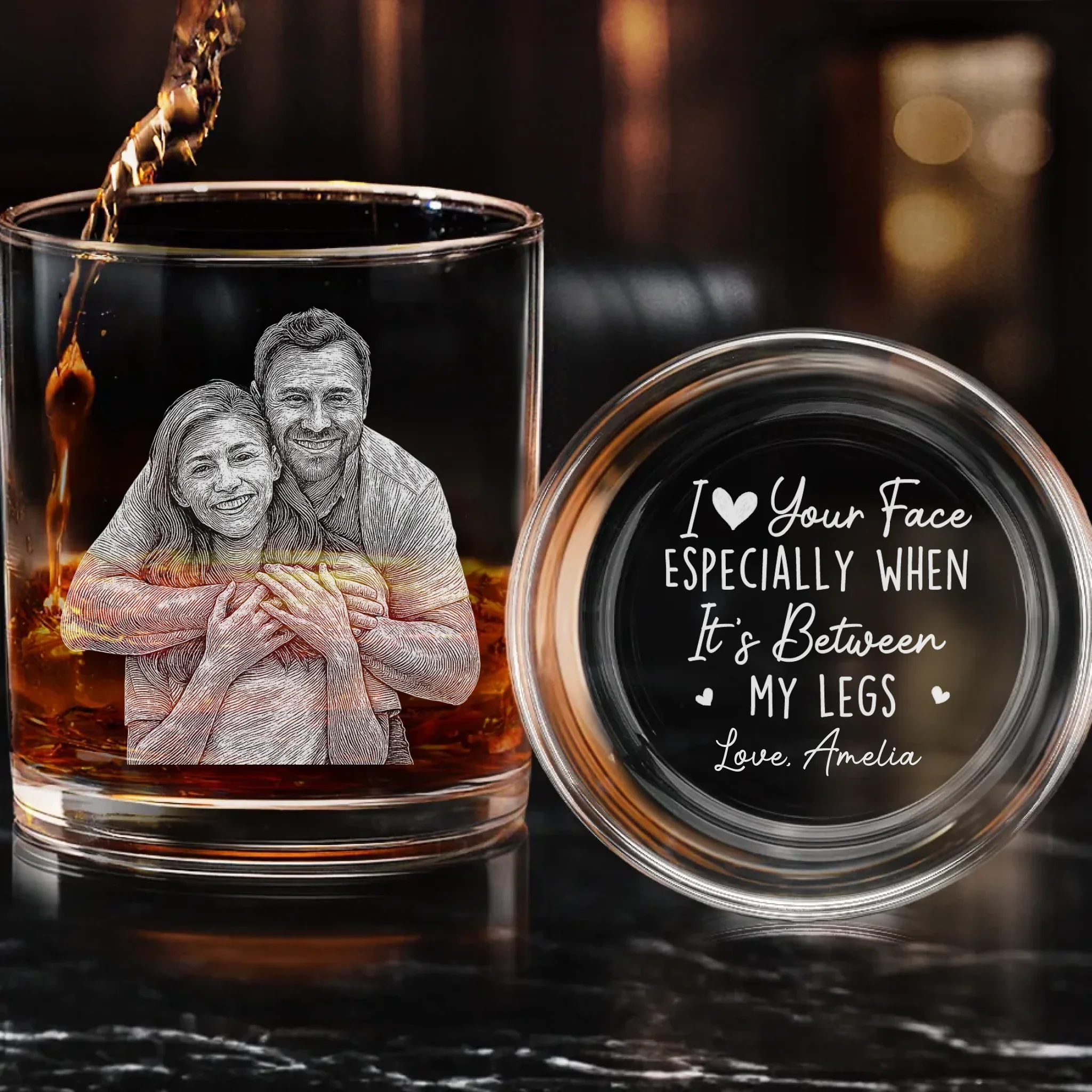 Custom Photo I Love Your Face - Couple Personalized Custom Whiskey Glass With Bottom And Side Engraving - Gift For Husband Wife, Anniversary - Robaser