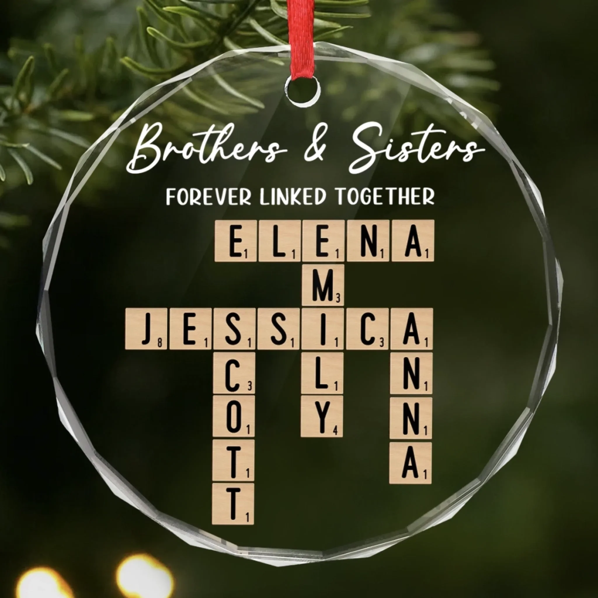 Custom Scrabble Circle Glass Ornament -  Personalized Christmas Birthday Gifts For Brother, Sister, Best Friends - Side By Side Through Every Step - Robaser