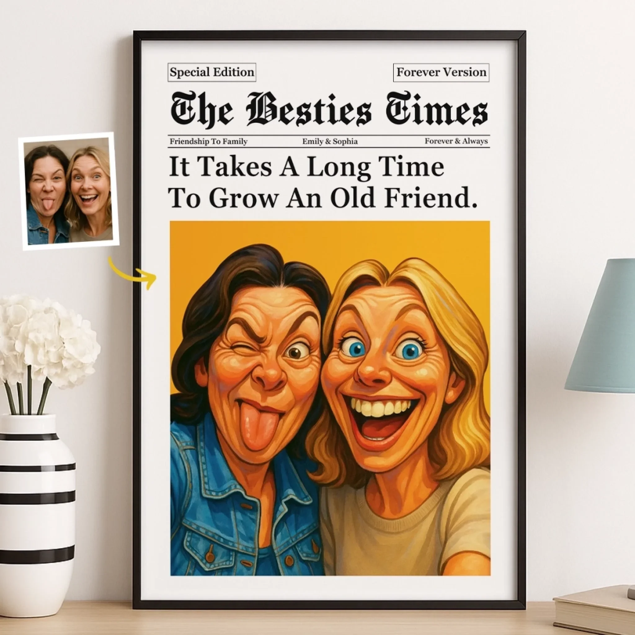 Custom Photo Funny Caricature Vertical Poster - Personalized Best Friend Birthday Gifts For Women - The Besties Time - Robaser