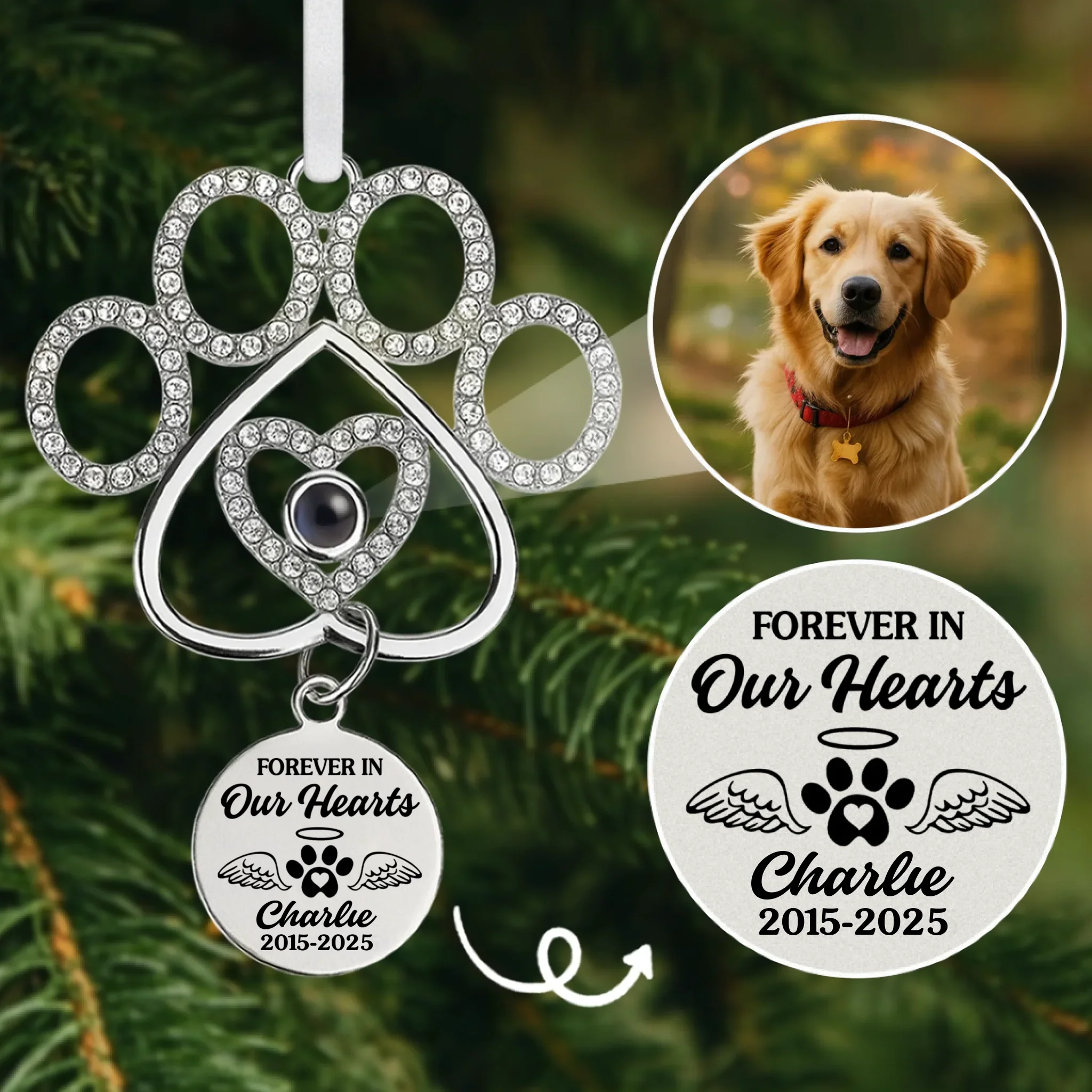 Custom Photo Projection Ornament With Charm - Personalized Pet Christmas Memorial Sympathy Gifts For Dogs, Cats - Gentle Companions Leave Lasting Love - Robaser
