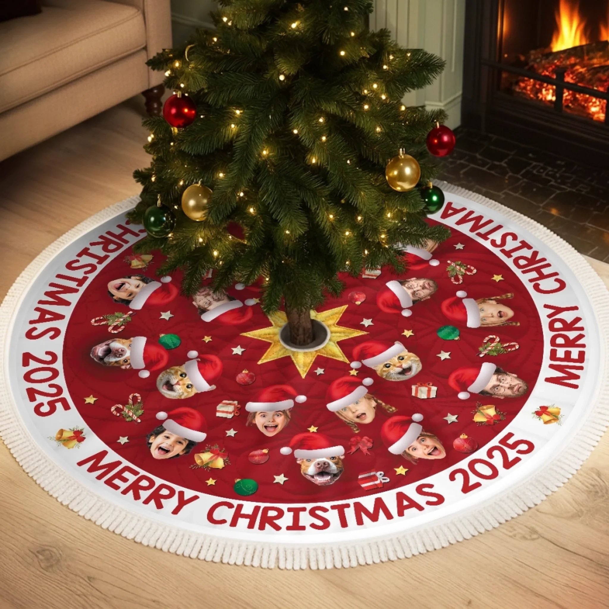 Custom Photo Tree Skirt - Personalized Christmas Birthday Gifts For Family, Dog Cat Lovers - Festive Faces, Furry Places - Robaser