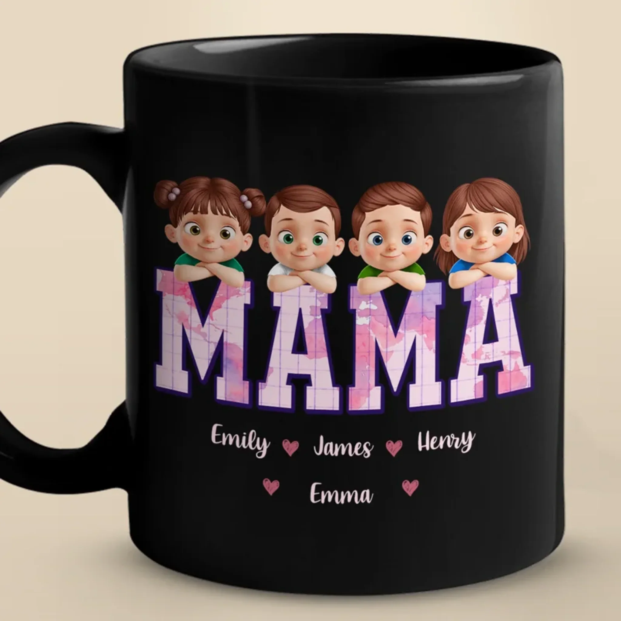 Wake Up To My World - Family Personalized Custom Black Mug - Mother's Day, Gift For Mom, Grandma - Robaser