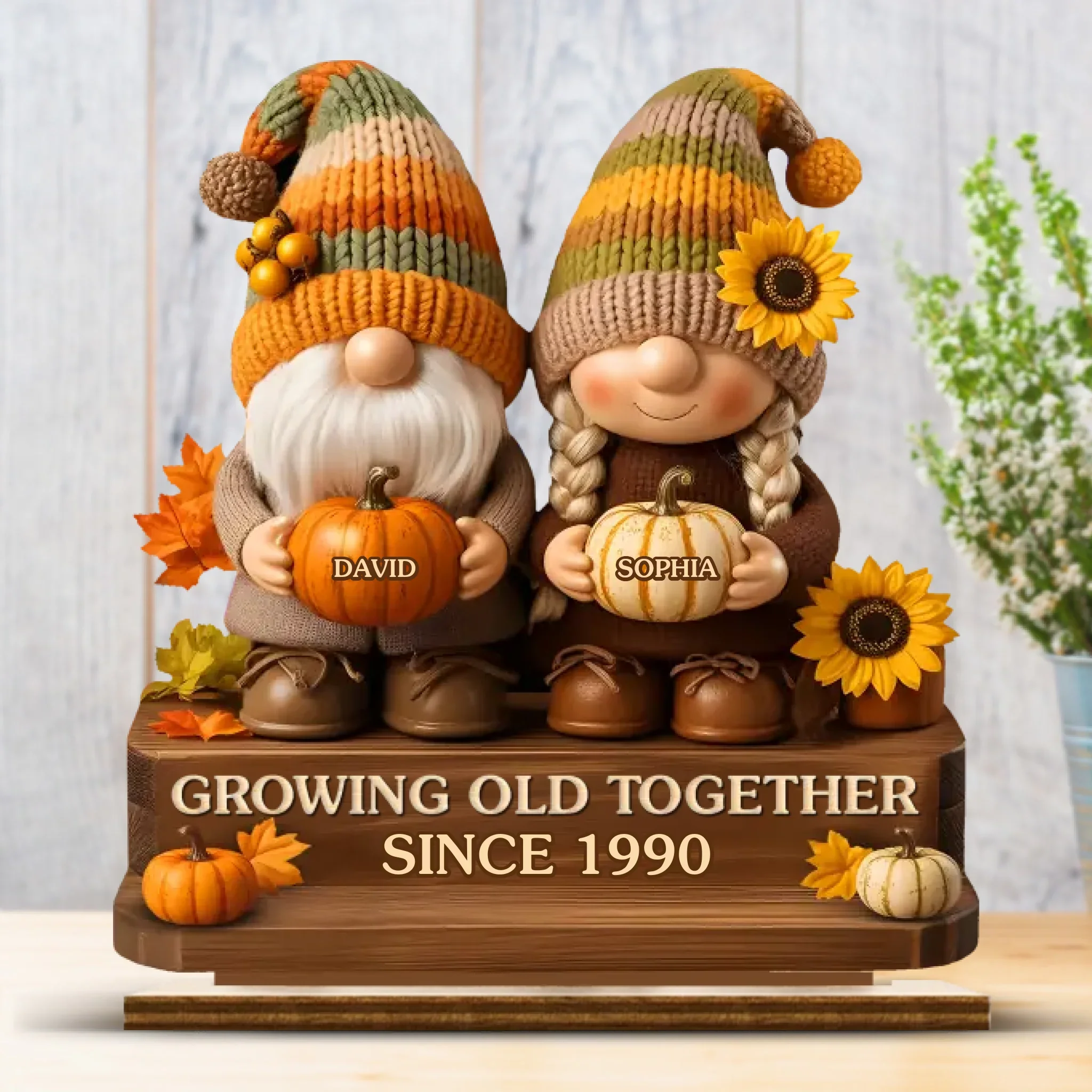 Custom Autumn Gnome Wooden Plaque - Personalized Anniversary Wedding Gifts For Husband And Wife, Him And Her - Love Grows Like Sunflowers - Robaser