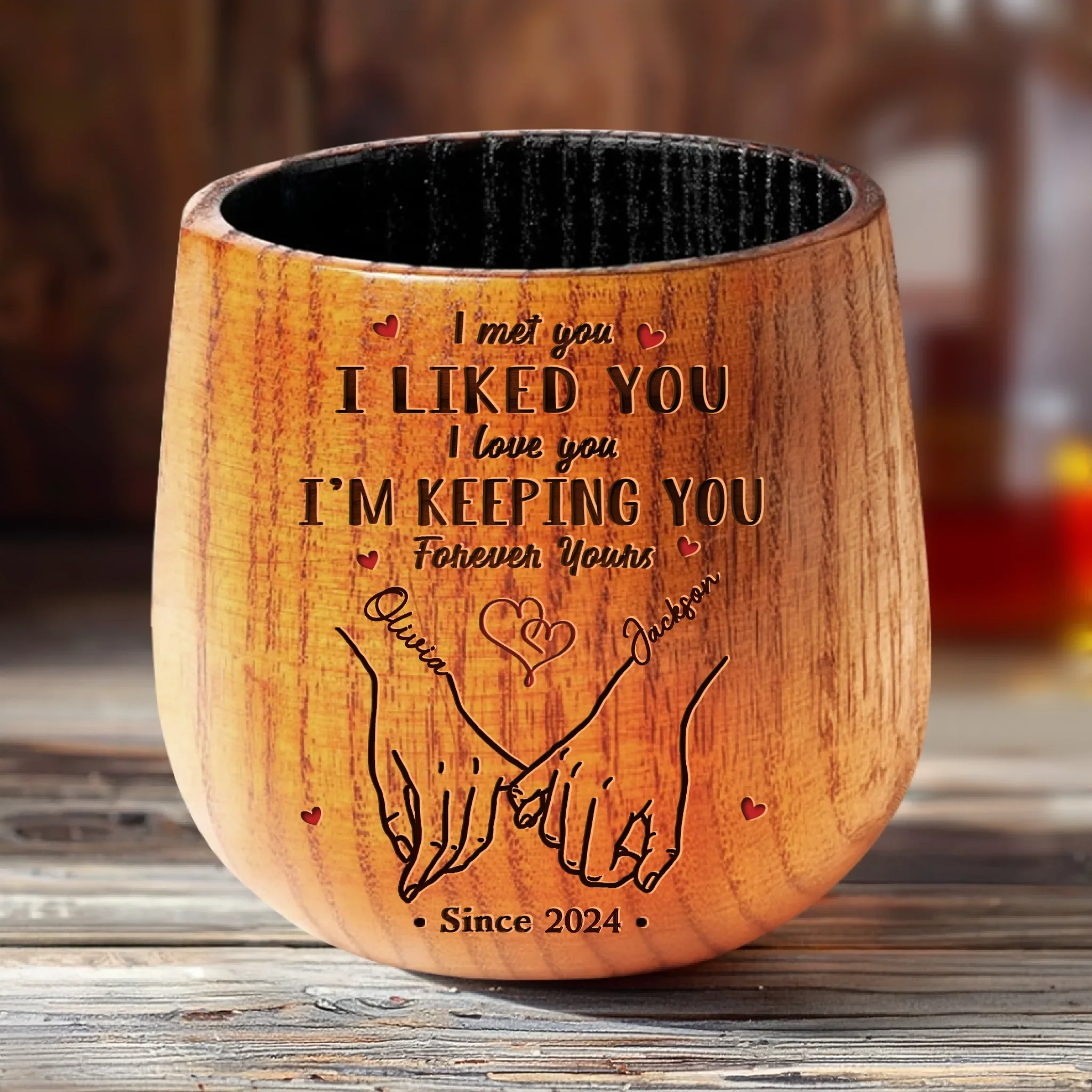 Just Us, Side By Side - Couple Personalized Custom Wooden Whiskey Glass - Gift For Husband Wife, Anniversary - Robaser