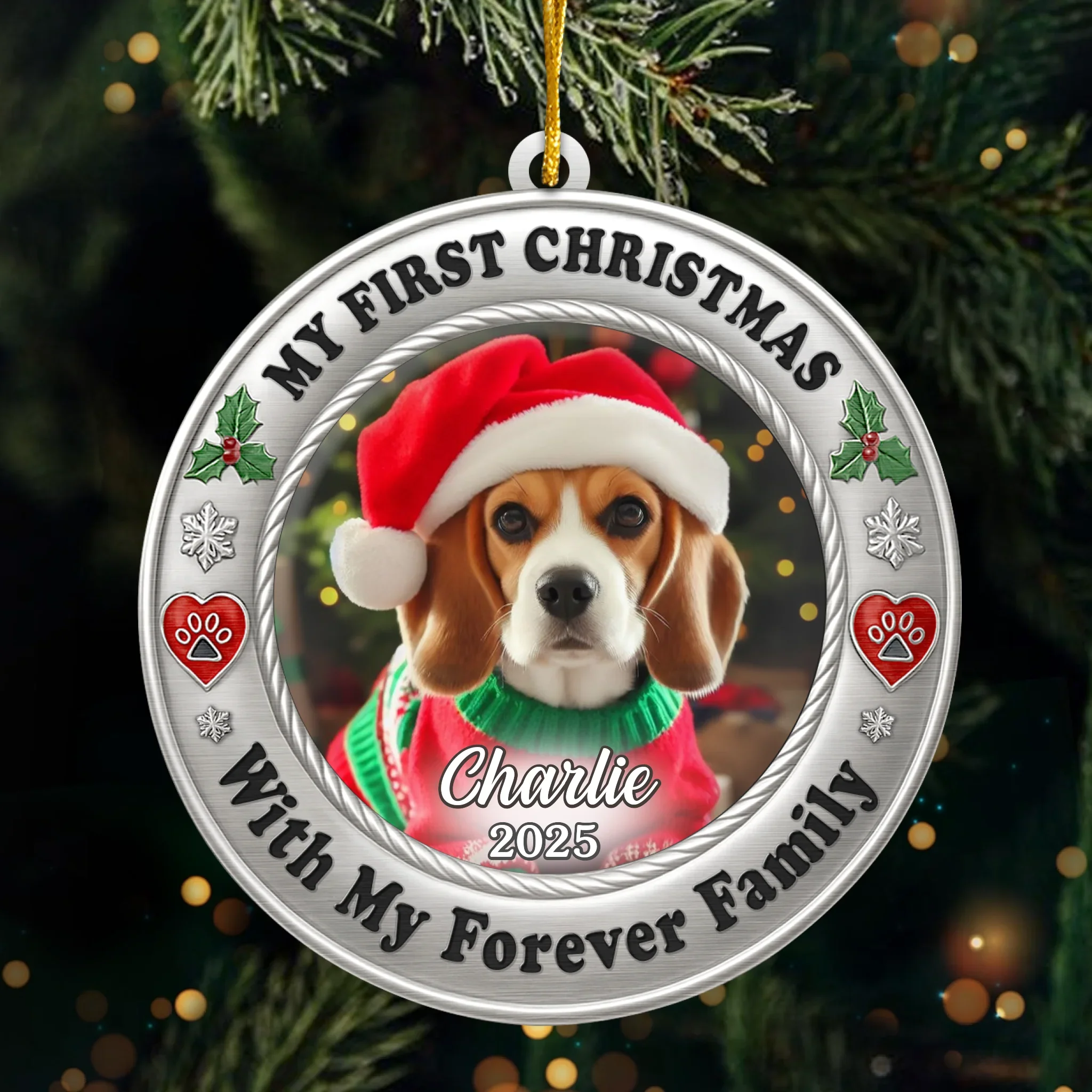 Custom Photo Metal Ornament - Personalized  Christmas Birthday Gifts For Dog Cat Lovers, Dog Dad And Mom, Cat Owners - Furever Family - Robaser