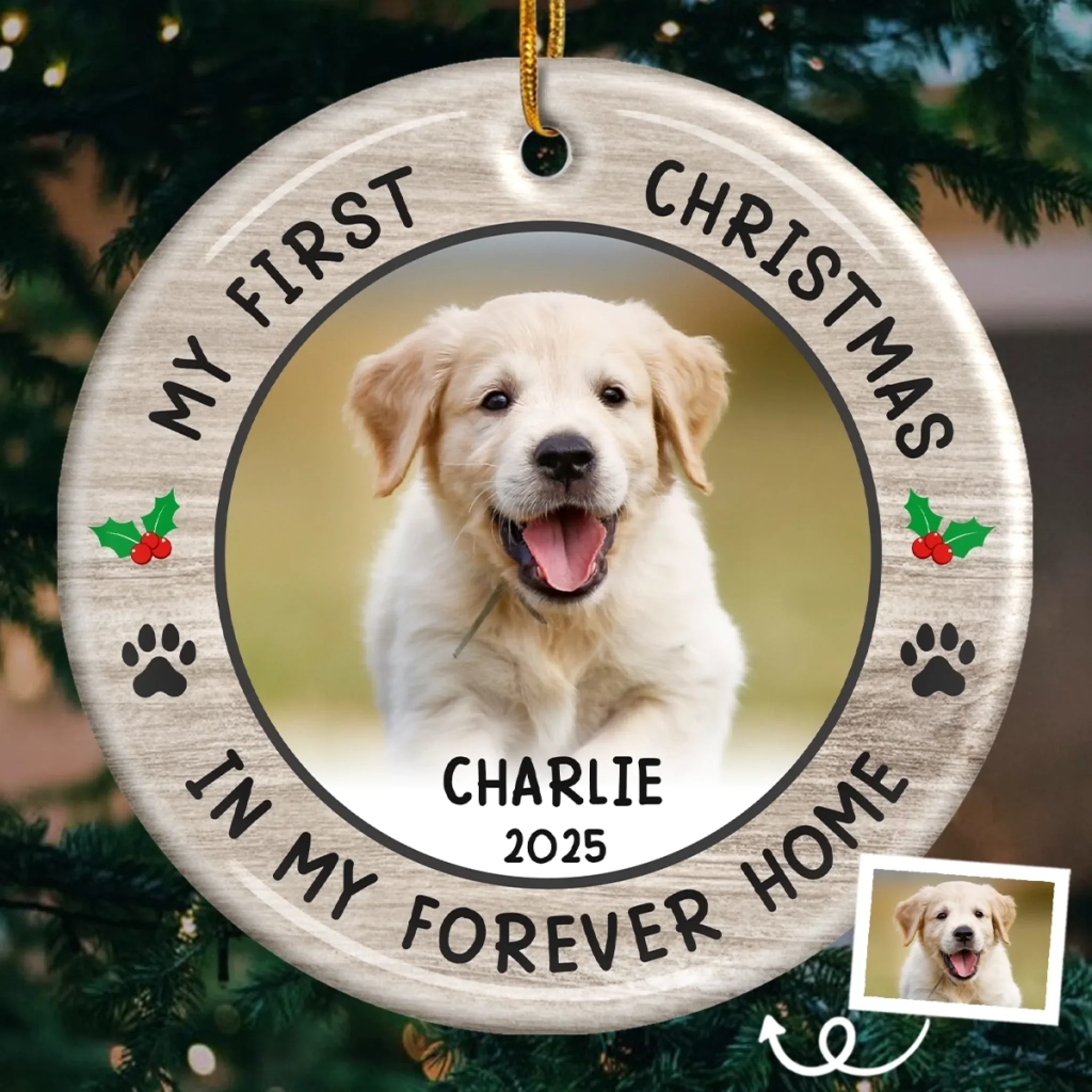 Custom Photo First Christmas Pet Ceramic Ornament - Personalized Christmas Birthday Gifts For Dog Lovers, Cat Lovers, Pet Dad And Mom, New Pet Ornament - New Pawprints This Christmas - Robaser