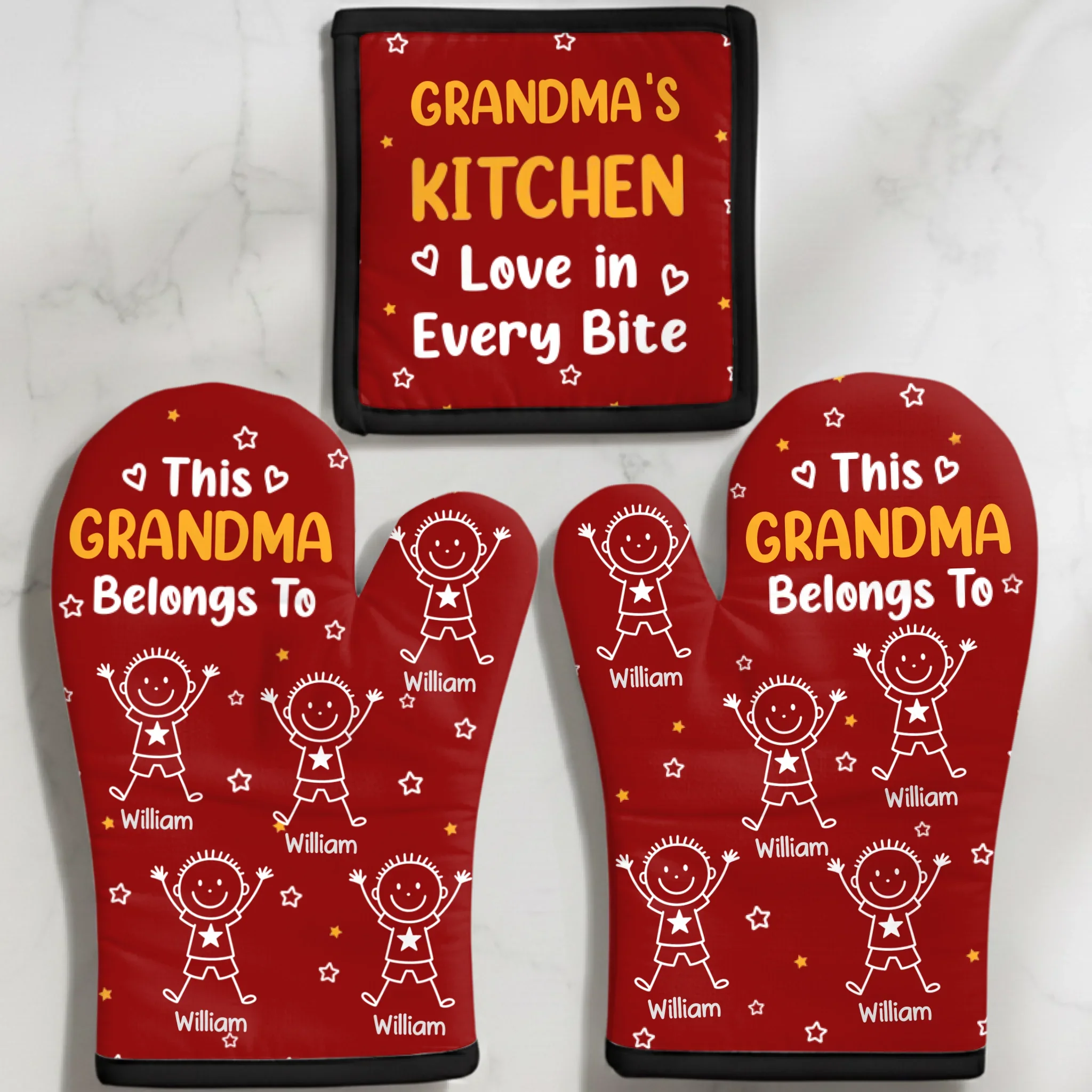 Custom Oven Mitt And Pot Holder Set - Personalized Christmas Birthday Gifts For Mom, Grandma - Three Generations Sharing Holiday Magic - Robaser