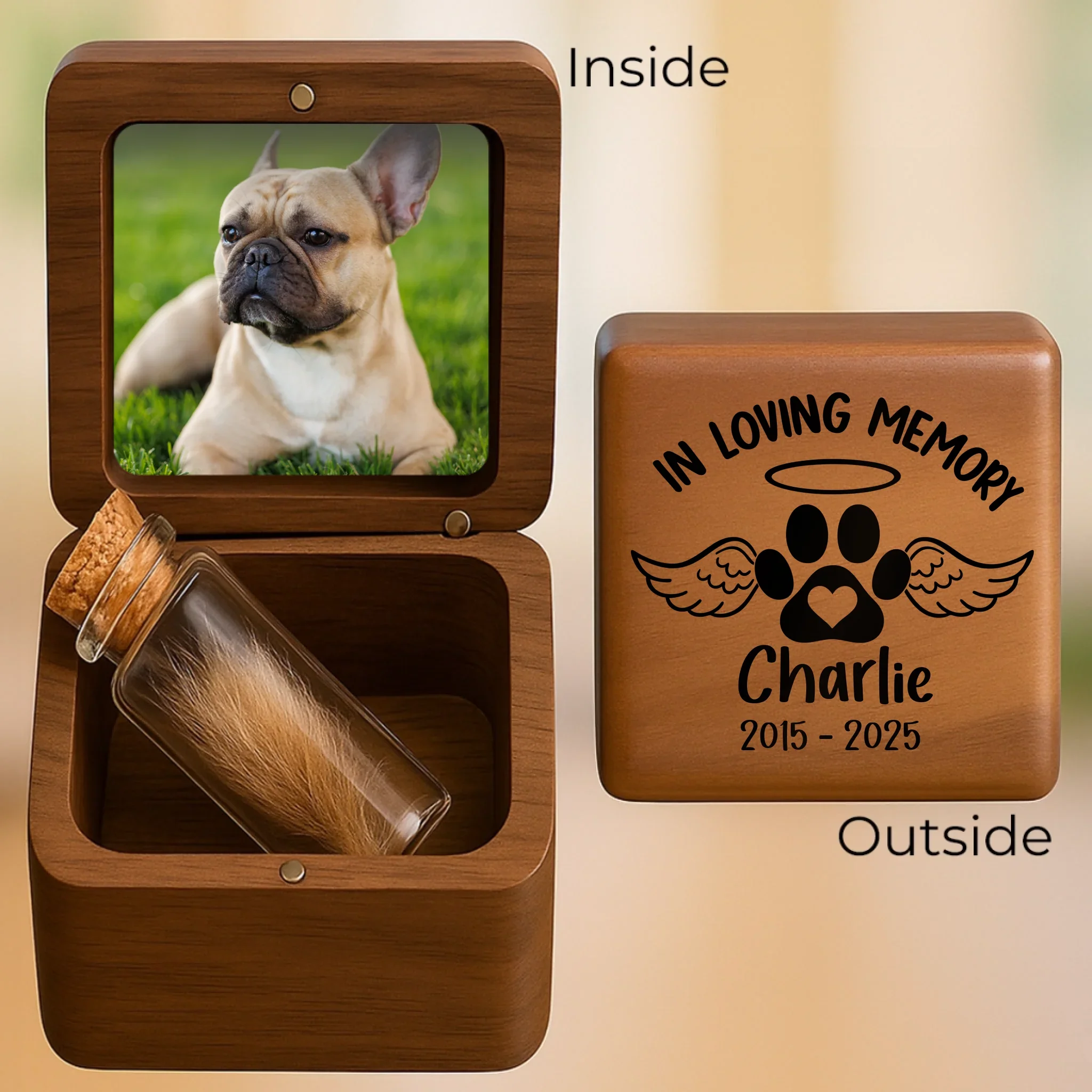 Custom Photo Wooden Fur Memorial Keepsake Box - Personalized Pet Memorial Gifts For Dogs And Cats - In Loving Memory - Robaser