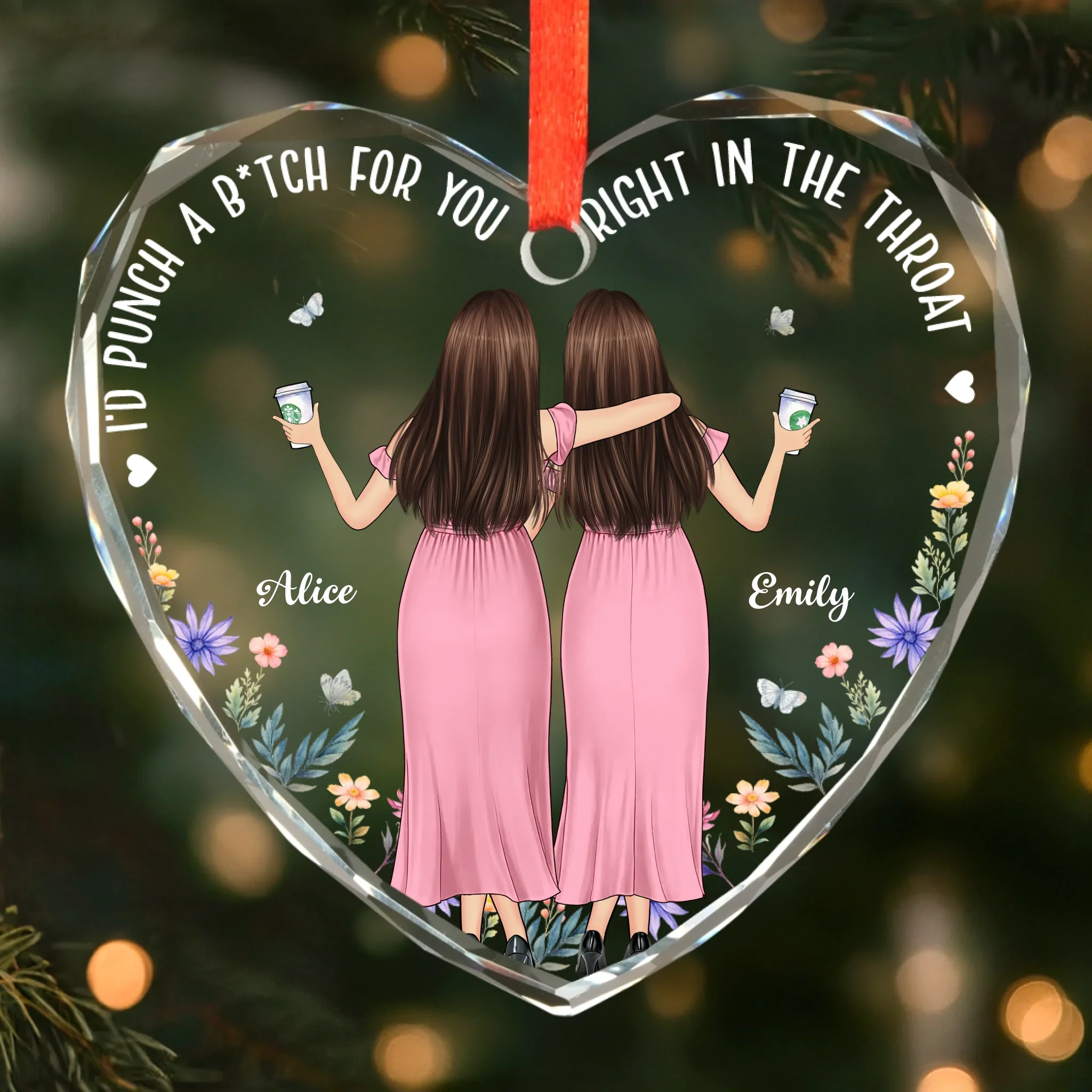 Custom Heart Glass Ornament - Personalized Christmas Best Friend Birthday Gifts For Women, Besties, Sisters, BFF - Sisters By Choice - Robaser