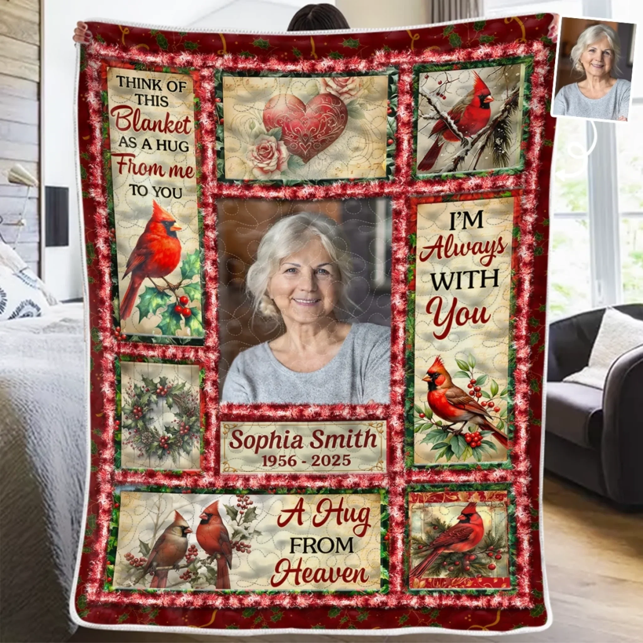 Custom Photo Cardinal Blanket - Personalized Christmas Memorial Sympathy Gifts For Loss Of Mom, Dad - Always Remembered Never Forgotten - Robaser