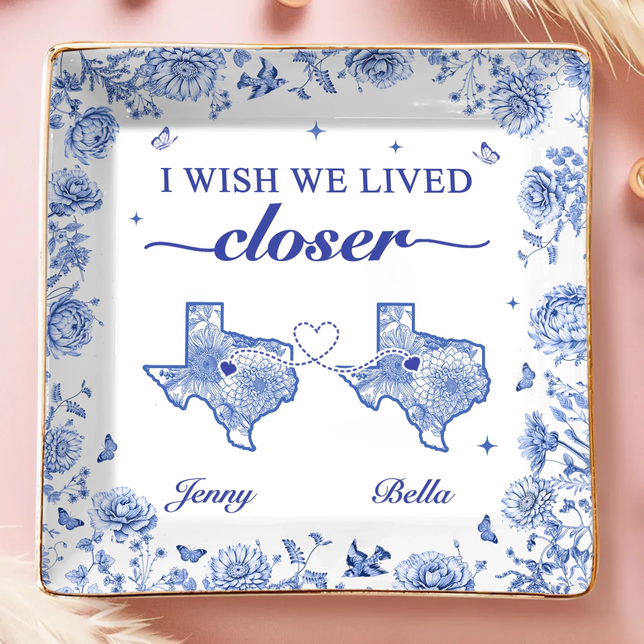 Custom Long Distance Full-Print Jewelry Dish - Personalized Best Friend Birthday Gifts For Women, Besties, Sisters, BFF  - Miles Apart, Hearts Together - Robaser