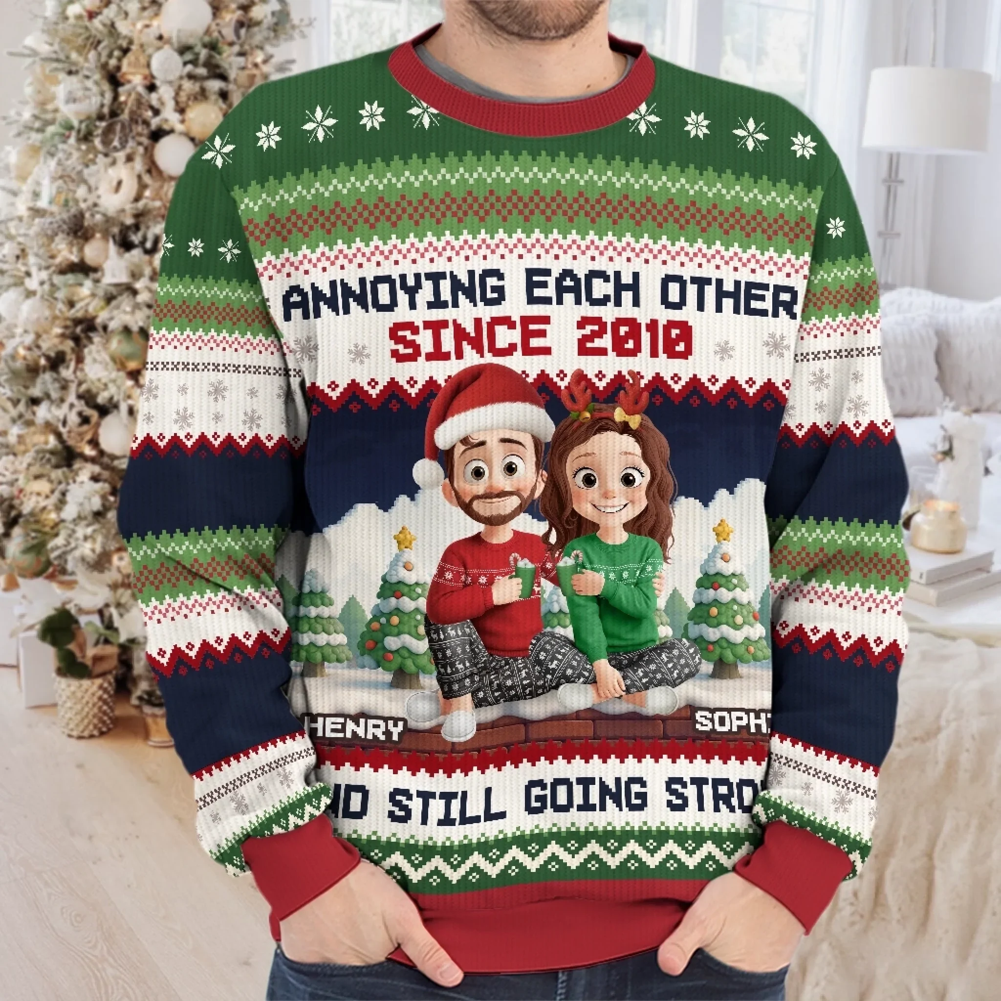 Custom Unisex Ugly Sweatshirt - Personalized Anniversary Christmas Wedding Gifts For Husband And Wife, Him And Her - Merry Fights, Happy Nights - Robaser