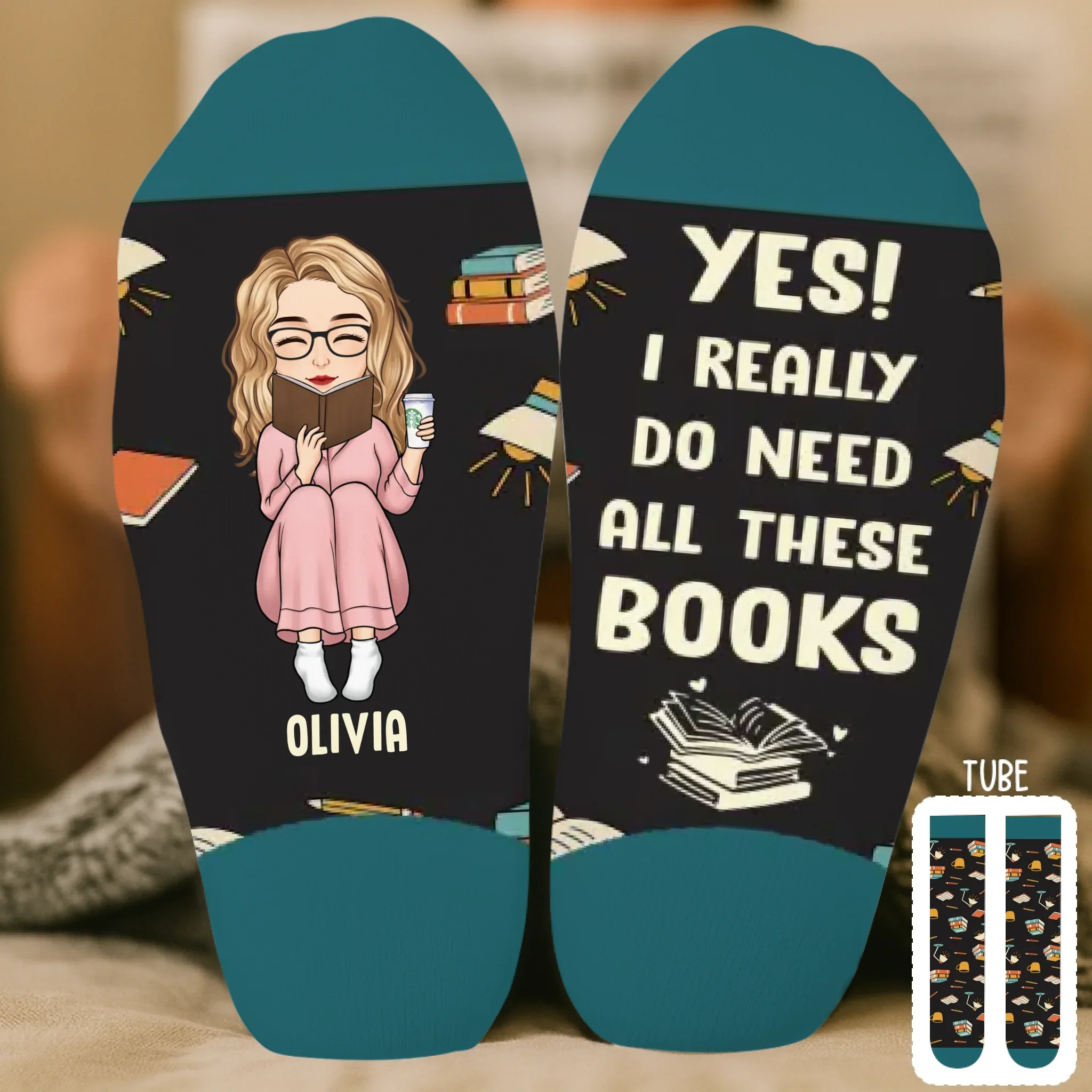 Custom Crew Socks - Personalized Bookish Gifts For Book Lovers, Bookworms, Readers - Tea, Books, Repeat - Robaser