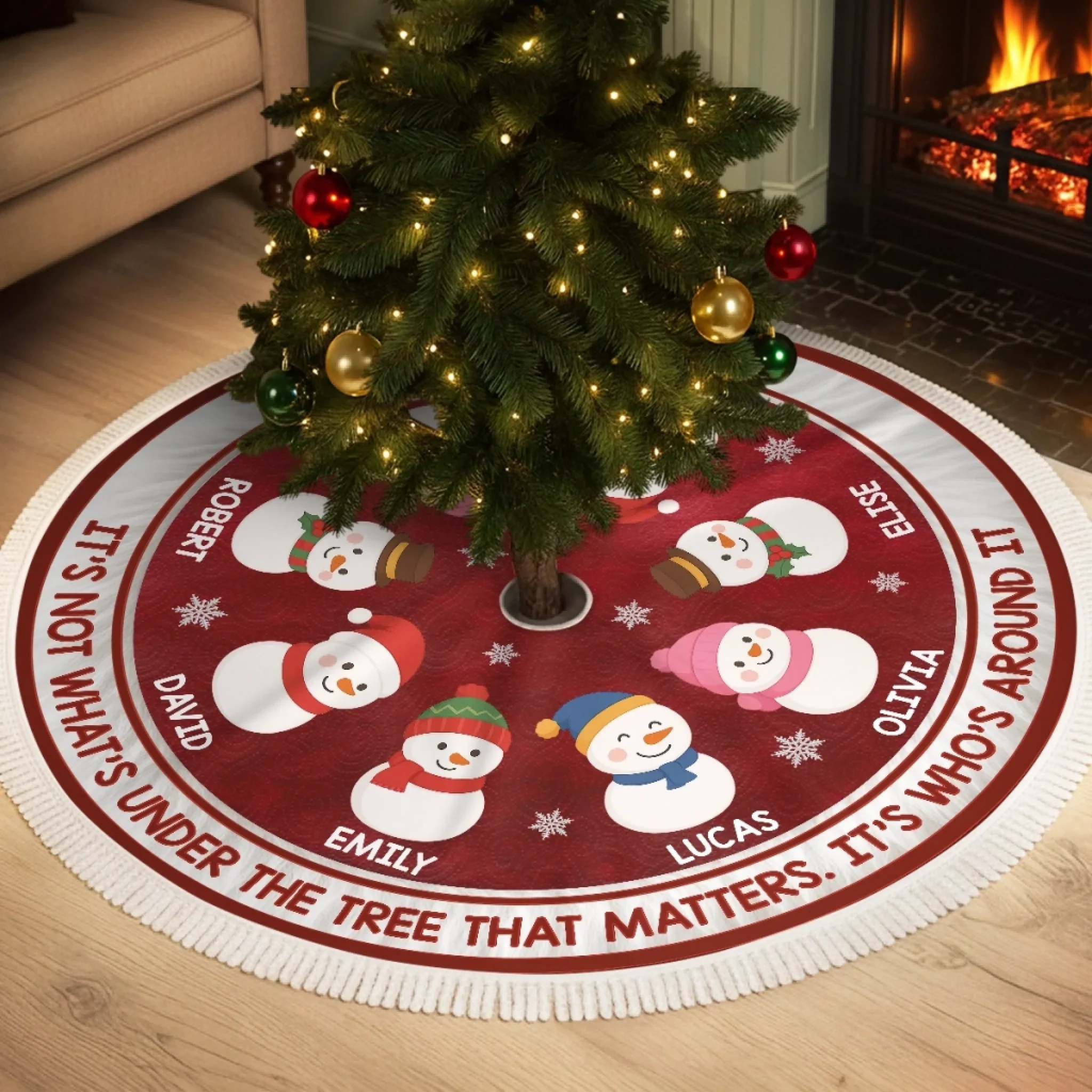 Custom Snowman Tree Skirt - Personalized Christmas Birthday Gifts For Mom, Dad, Brother, Sister, Kids - Warm Winter Wishes - Robaser
