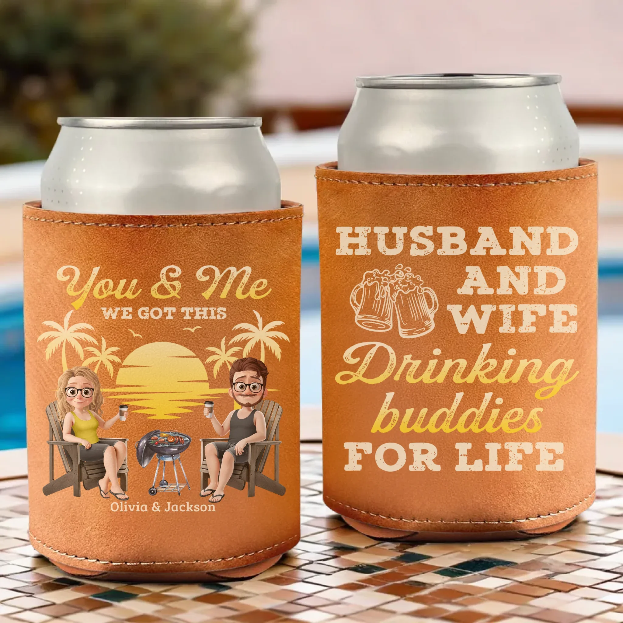 Custom Leather Can Cooler - Personalized Anniversary Wedding Gifts For Husband And Wife, Him And Her - Drinking Buddies For Life - Robaser