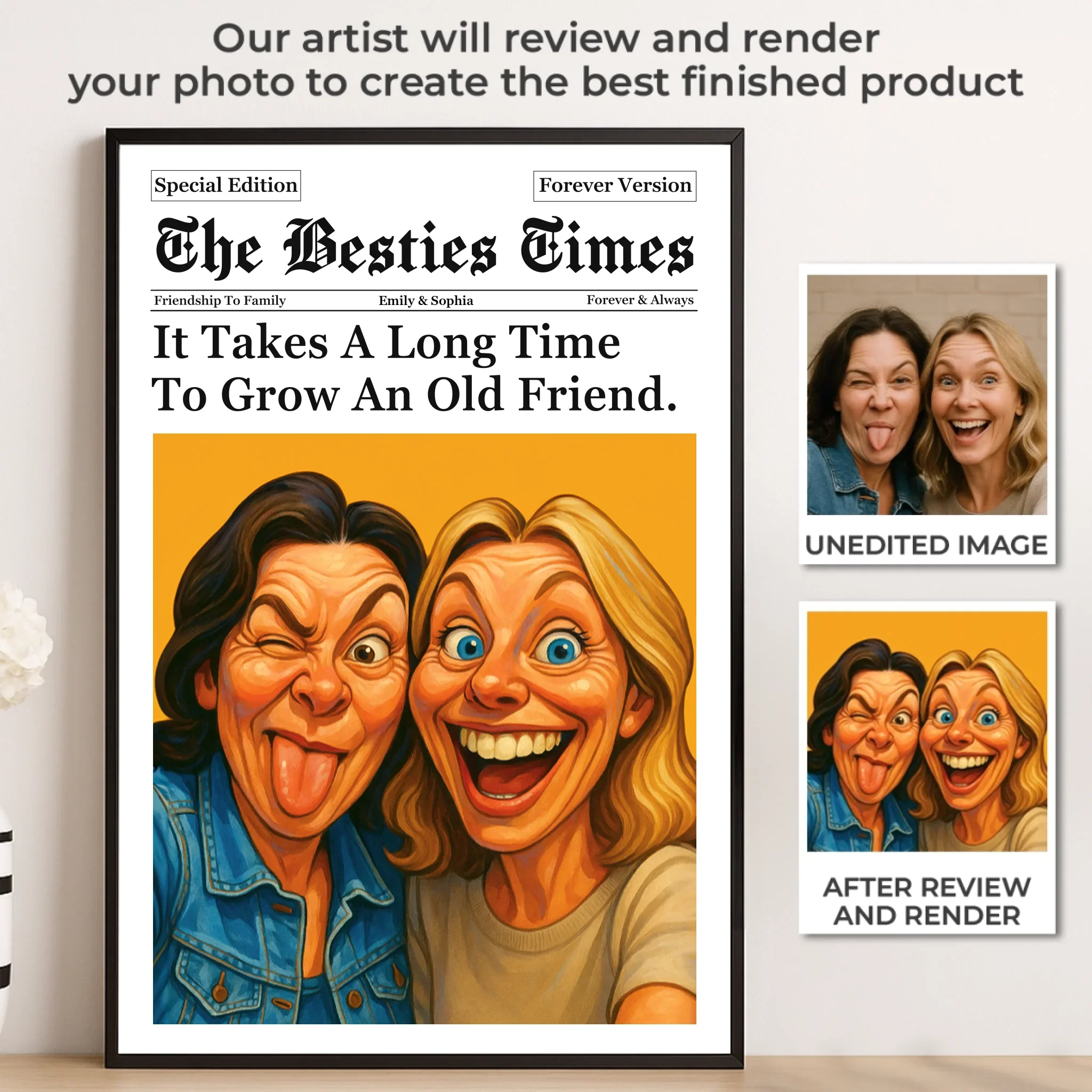 Custom Photo Funny Caricature Vertical Poster - Personalized Best Friend Birthday Gifts For Women - The Besties Time - Robaser