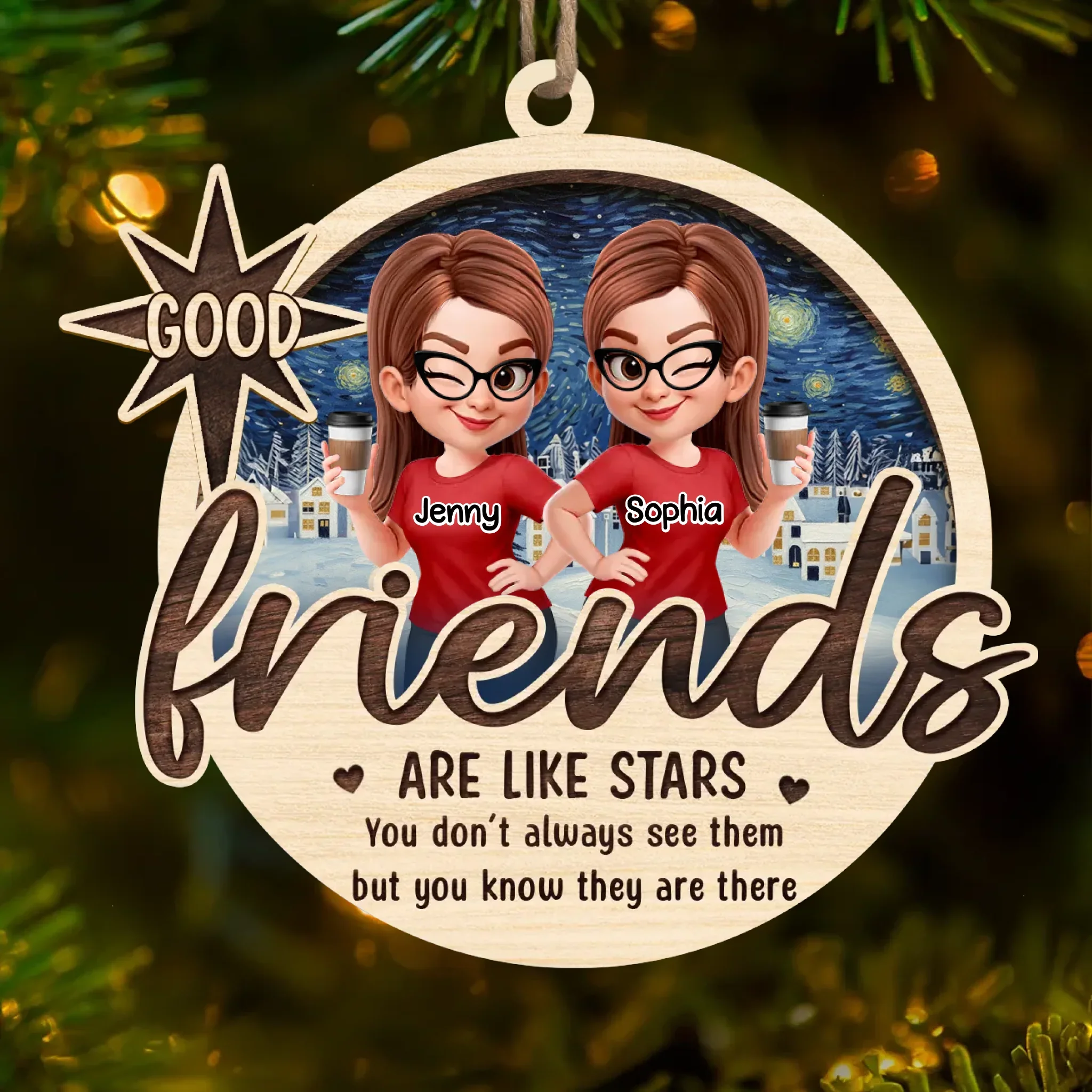 Custom Starry Night Wood Ornament - Personalized Best Friend Birthday Gifts For Women, Besties, Sisters, BFF - Love Carved In Time - Robaser