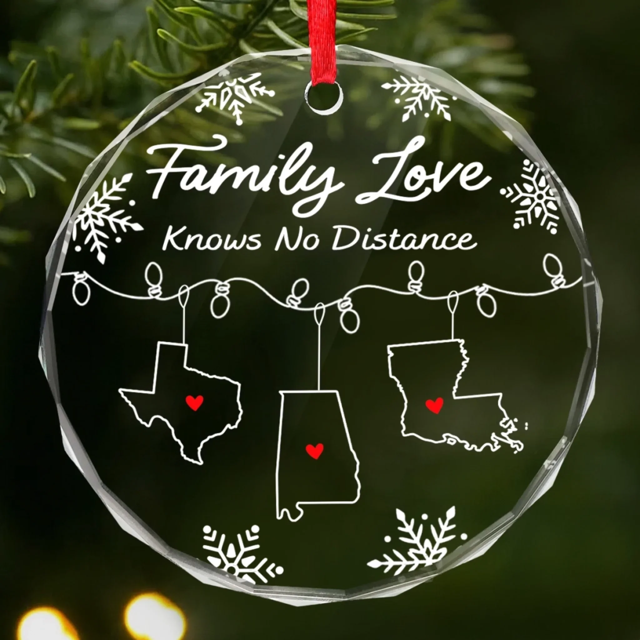 Custom Long Distance Circle Glass Ornament - Personalized Christmas Birthday Gifts For Mom, Dad, Kids - Across the Miles, Our Family Stays Strong - Robaser