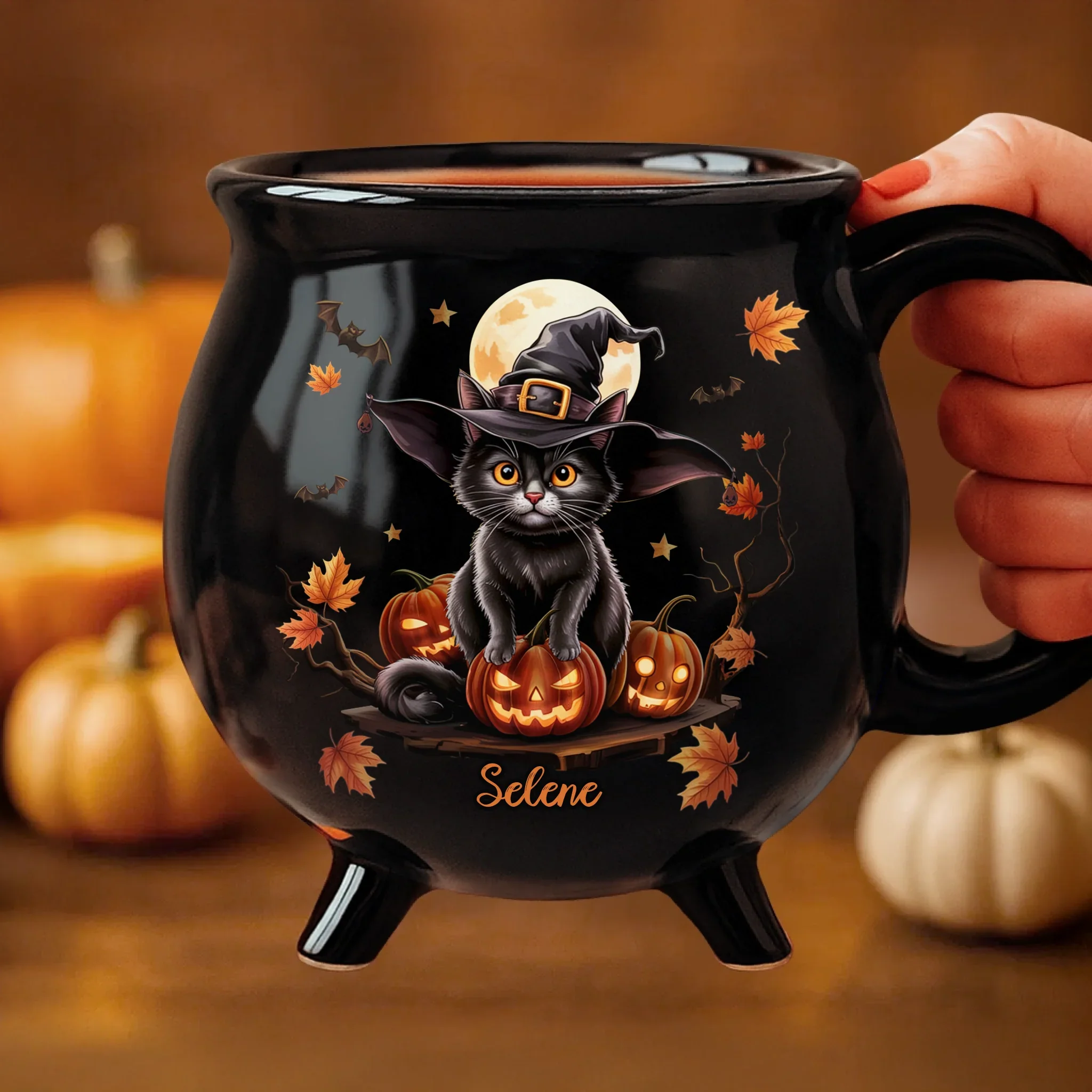 Custom 12oz Ceramic Cauldron Coffee Mug - New Arrival, Personalized Halloween Witchy Gifts For Besties, Sisters, BFF, Family, Yourself - Purrfectly Spooky AMZ - Robaser
