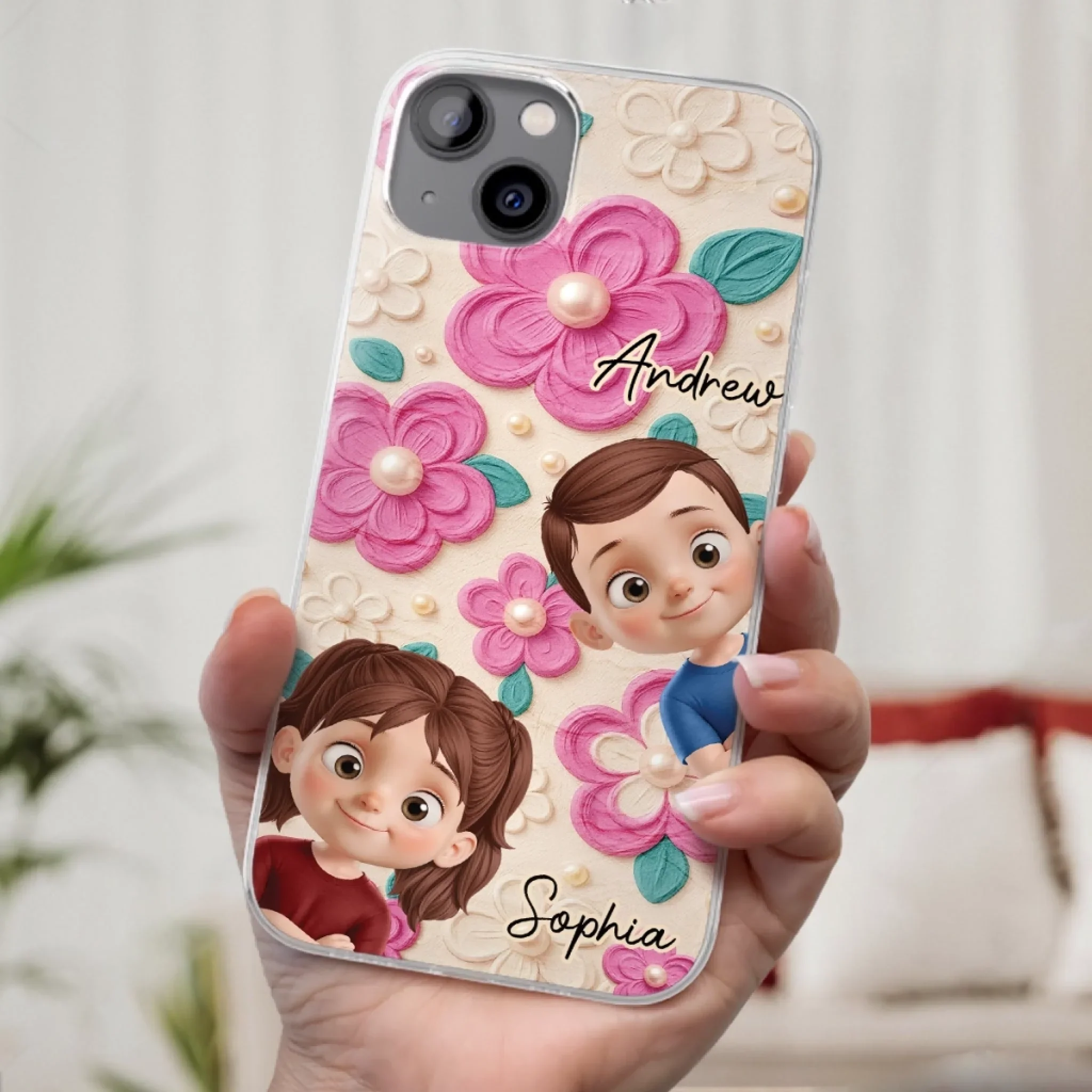 Custom 3D Inflated Effect Printed Clear Phone Case - Personalized Birthday Gifts For Mom, Grandma - Blossoms And Precious Little Faces - Robaser