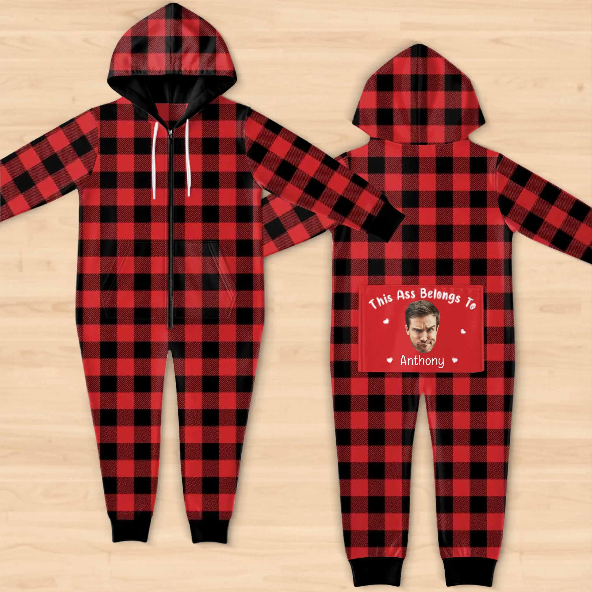 Custom Photo Adult Onesie Pajamas With Back Flap - Personalized Anniversary Christmas Wedding Gifts For Husband And Wife, Him And Her - Property Of My Favorite Troublemaker - Robaser